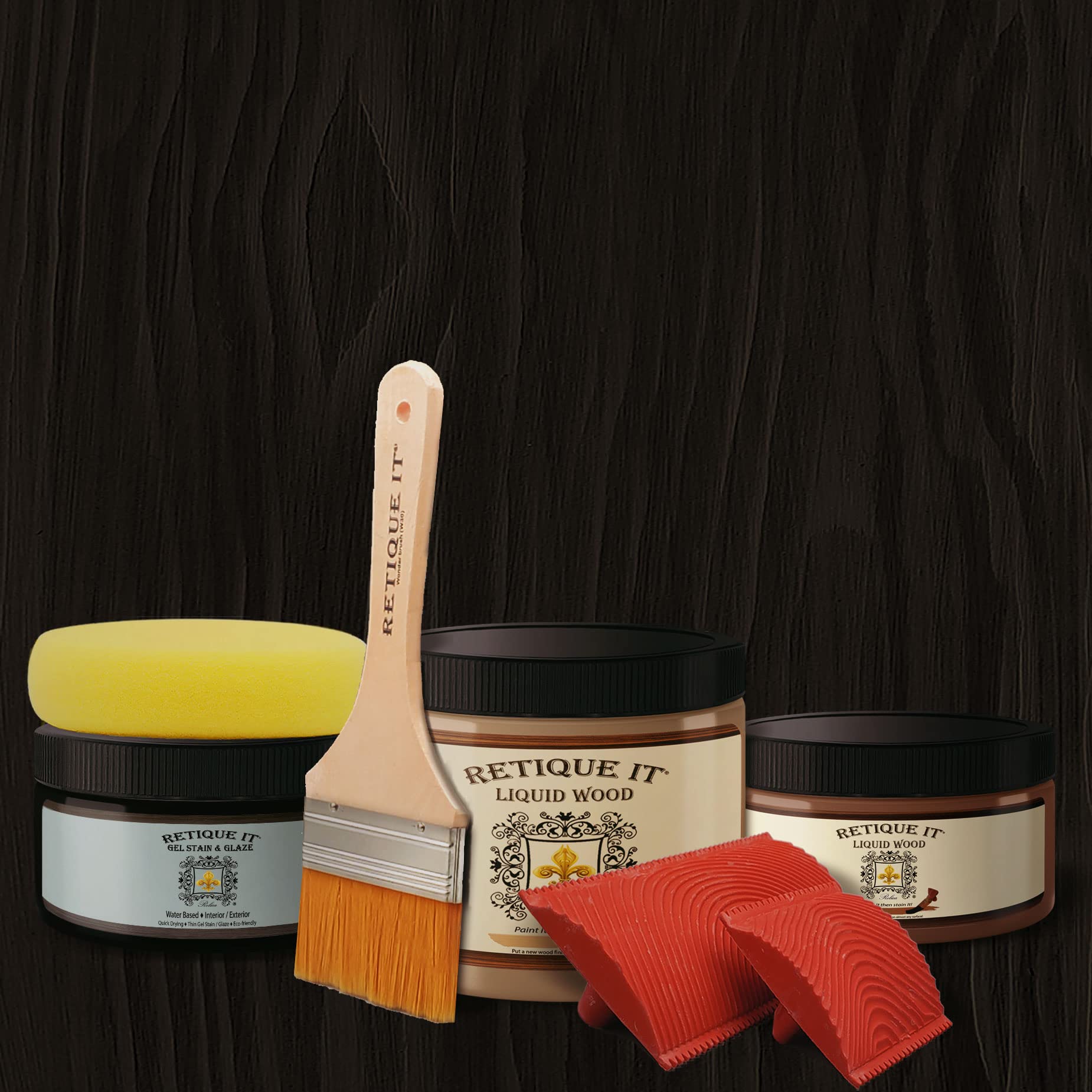 Retique It Gel Stain Liquid Wood Kit - Paintable Wood Stain for Furniture, Cabinets & DIY Projects - Rustic Finish, Classic Black (50 sq ft Coverage) - Perfect with Chalk Paint, Milk Paint & Wood Refinishing