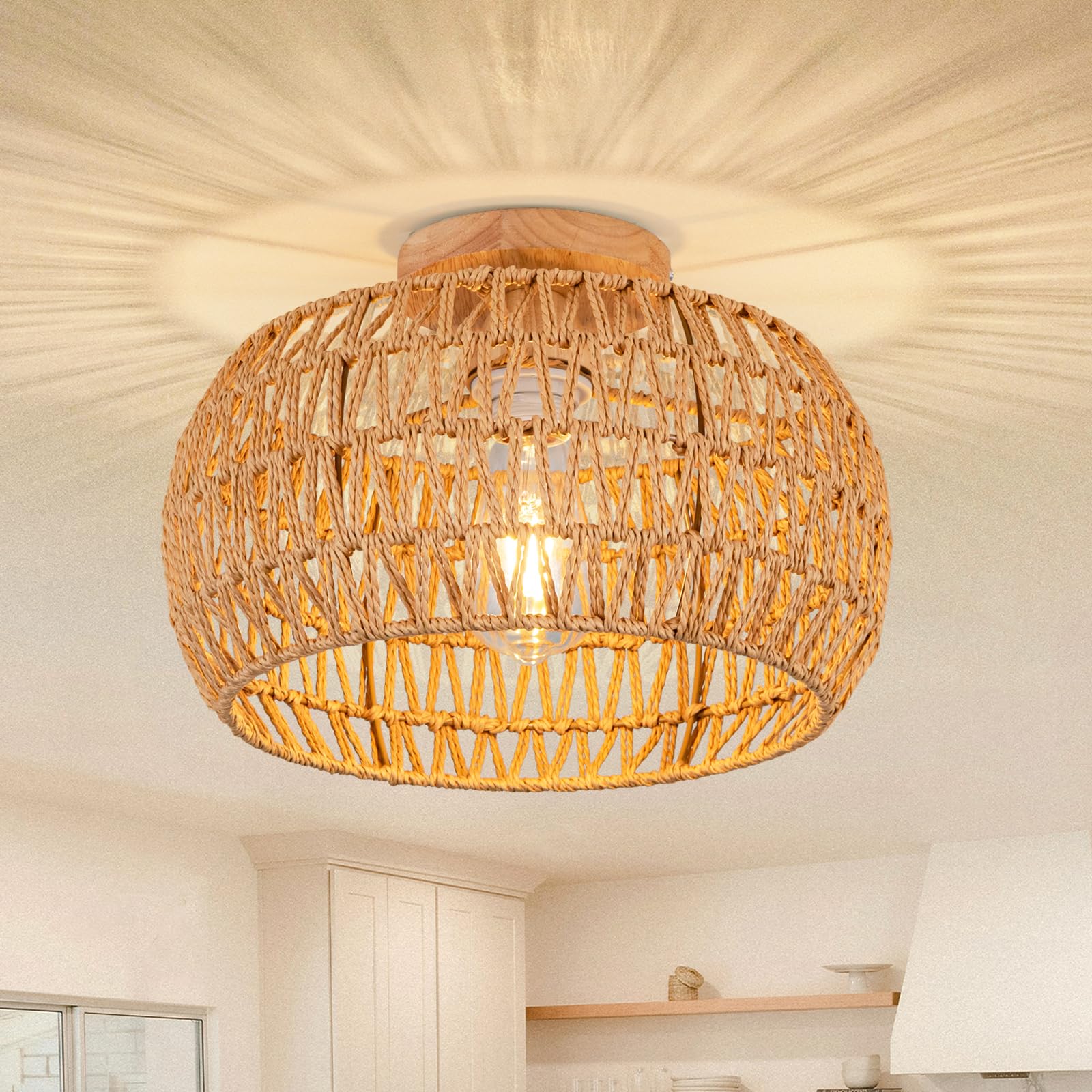 Hand-Woven Rattan Chandelier Light Fixture - Boho Flush Mount Ceiling Lamp for Kitchen, Nursery, Farmhouse & Bedroom | Natural Wicker Pendant Lighting for Cozy Home Decor & Dining Room Ambiance