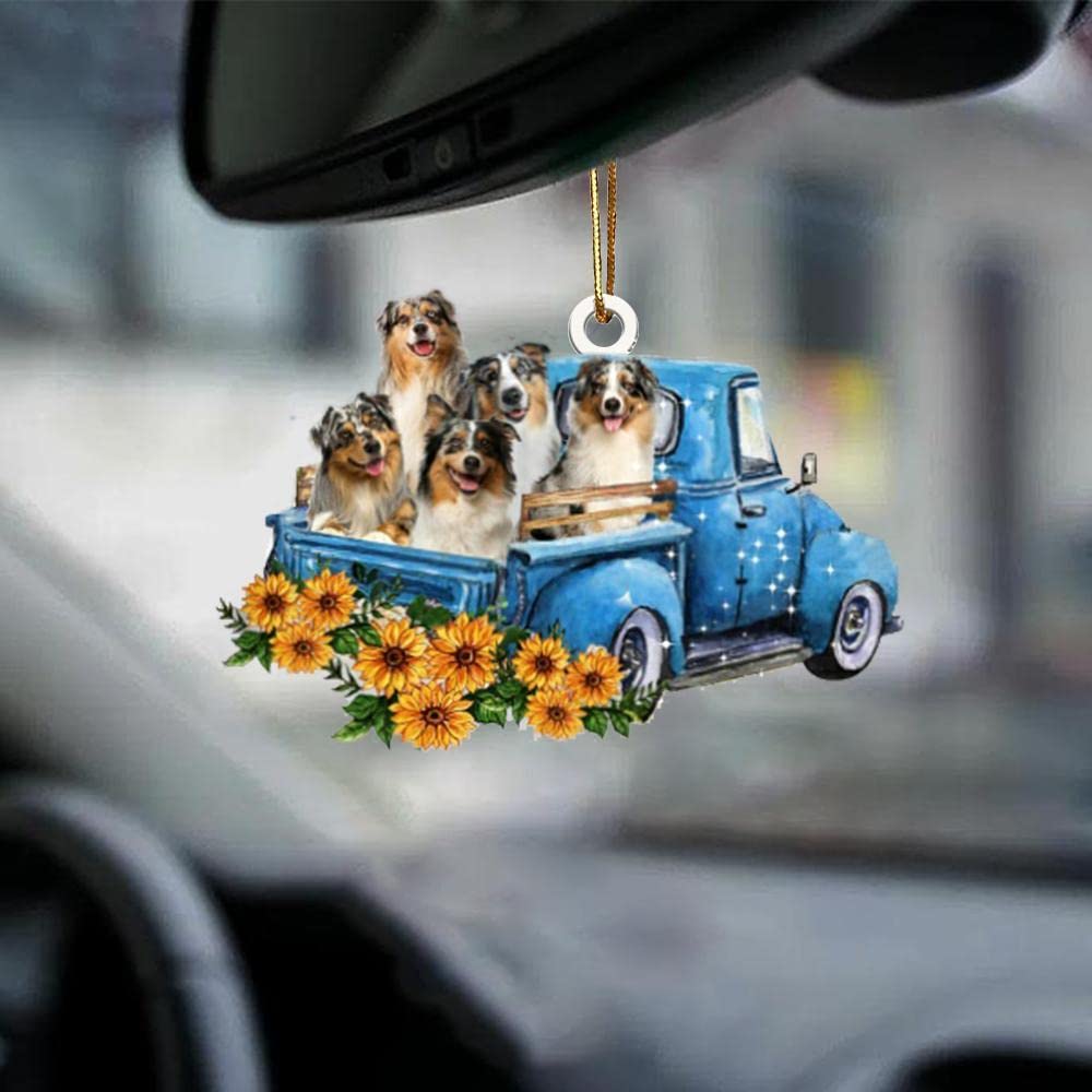 Australian Shepherd Dog Blue Truck Car Hanging Ornament - 2-Sided Classic Car Decor for Dog Lovers, Perfect Gift for Dog Moms & Dads on Mother's Day, Father's Day - Ideal for Car Interior Decoration & Road Trip Accessories