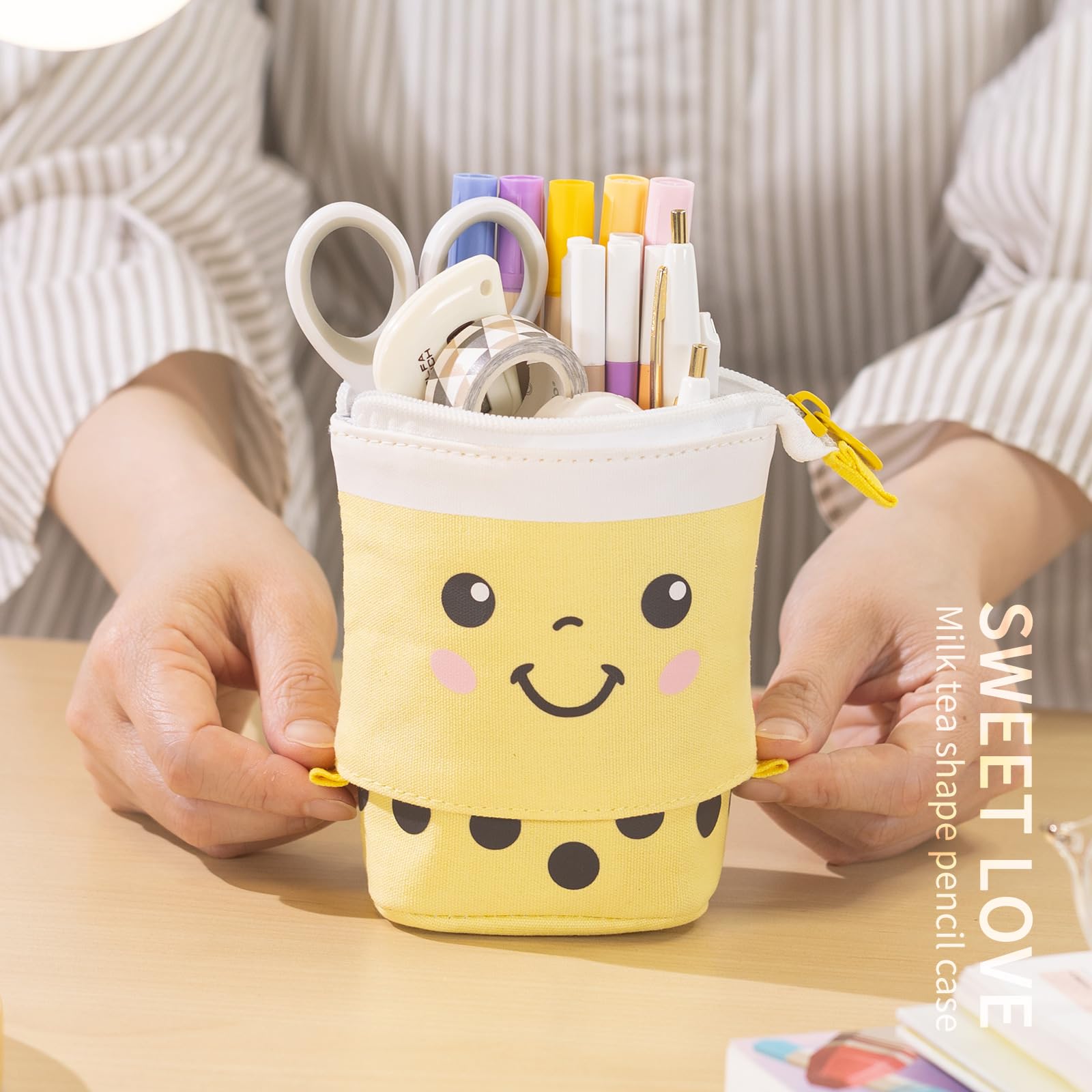 ANGOOBABY Cute Pencil Case & Makeup Bag - Pop Up Cosmetic Organizer with Kawaii Smile Face, Telescopic Design for Pens, Stationery & Beauty Products - Perfect for School, Office & Travel (Yellow)