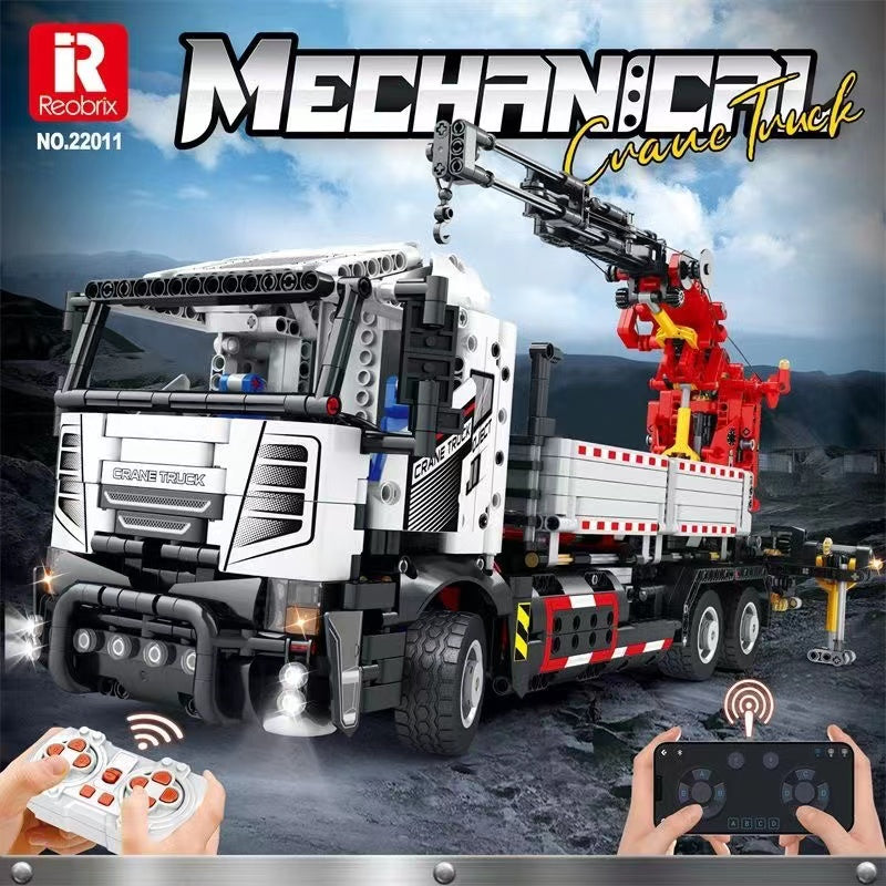 Reobrix 22011 RC Mechanical Crane Truck Building Blocks Set - Remote Control Construction Vehicle Toy for Kids & Adults - STEM Educational Gift for Boys & Girls - Perfect for Indoor Play, Birthday Gifts & Construction Enthusiasts