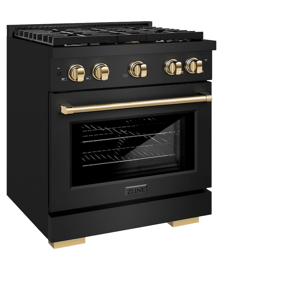 ZLINE Autograph Edition 30-Inch 4.2 cu. ft. Paramount Gas Range with 4 Burner Cooktop & Convection Gas Oven - Black Stainless Steel with Polished Gold Accents (SGRBZ 30 G) | Professional Kitchen Appliance for Home Chefs & Cooking Enthusiasts