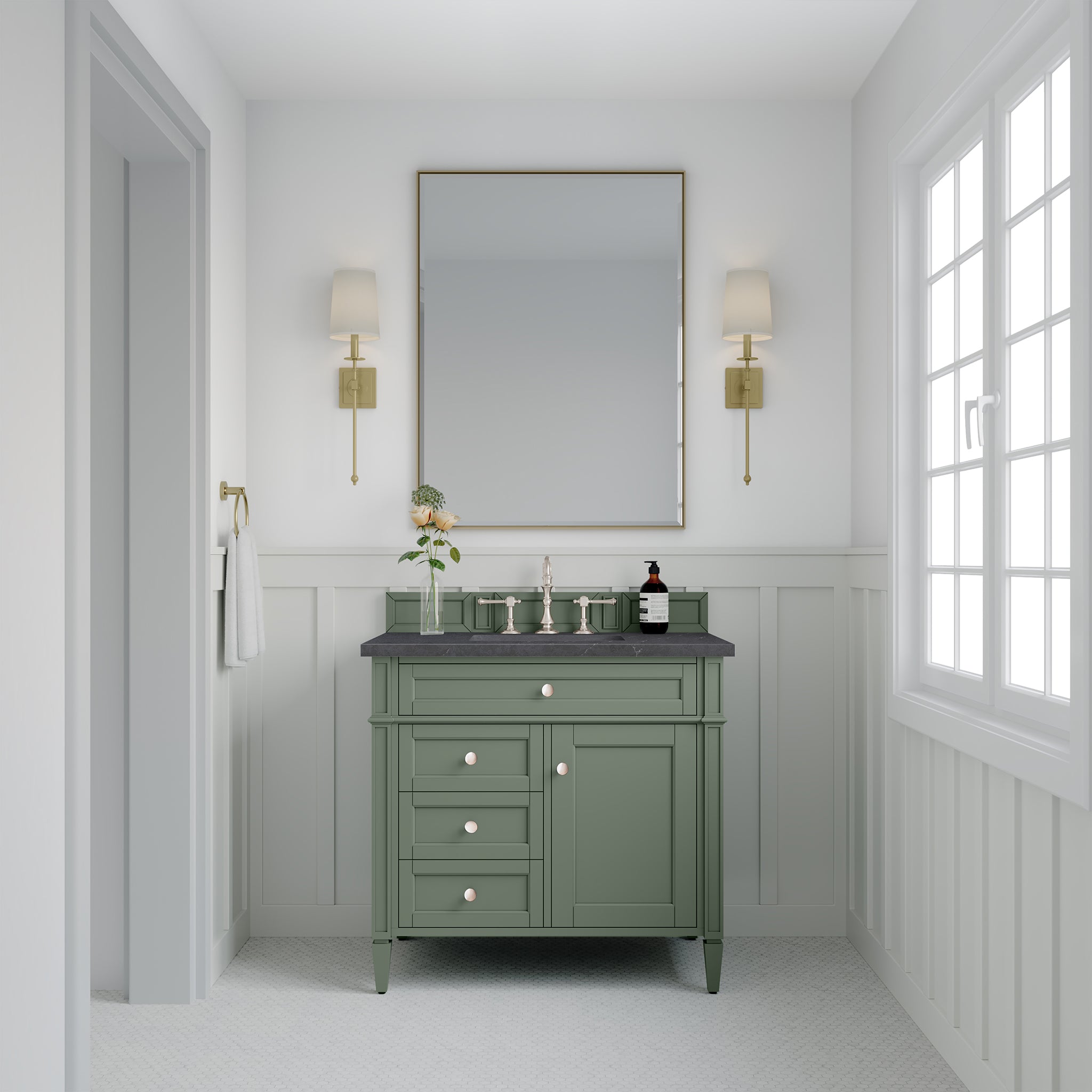 Brittany 36-Inch Single Bathroom Vanity in Smokey Celadon with 3CM Charcoal Soapstone Top - Perfect for Modern Master Bathrooms & Powder Rooms