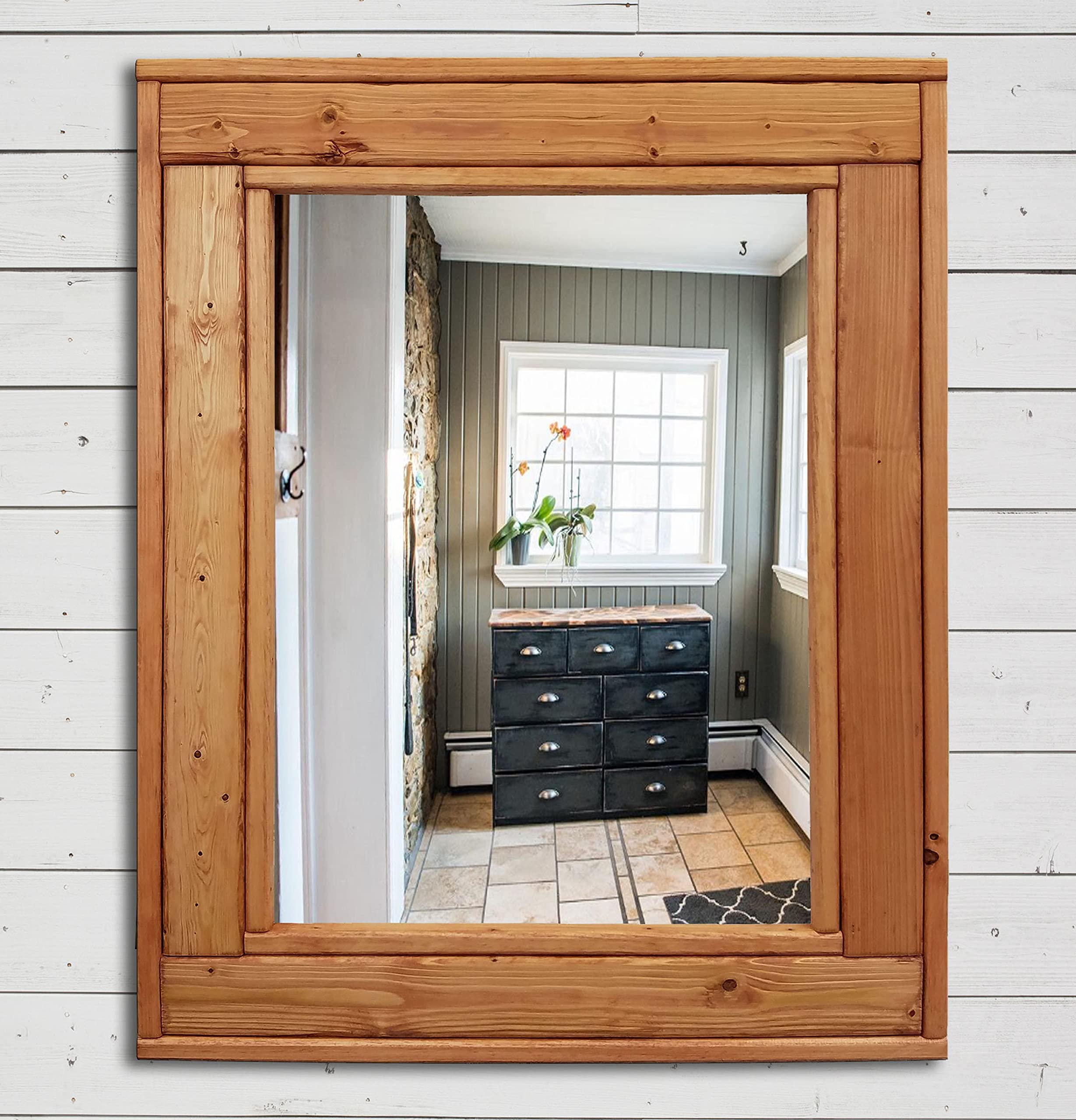 Vintage Herringbone Reclaimed Wood Framed Mirror - 5 Sizes & 20 Custom Stain Colors (Ipswich Pine Shown) - Bathroom Vanity Mirror, Farmhouse Decor, Rectangular Wall Mirror for Bedroom & Living Room