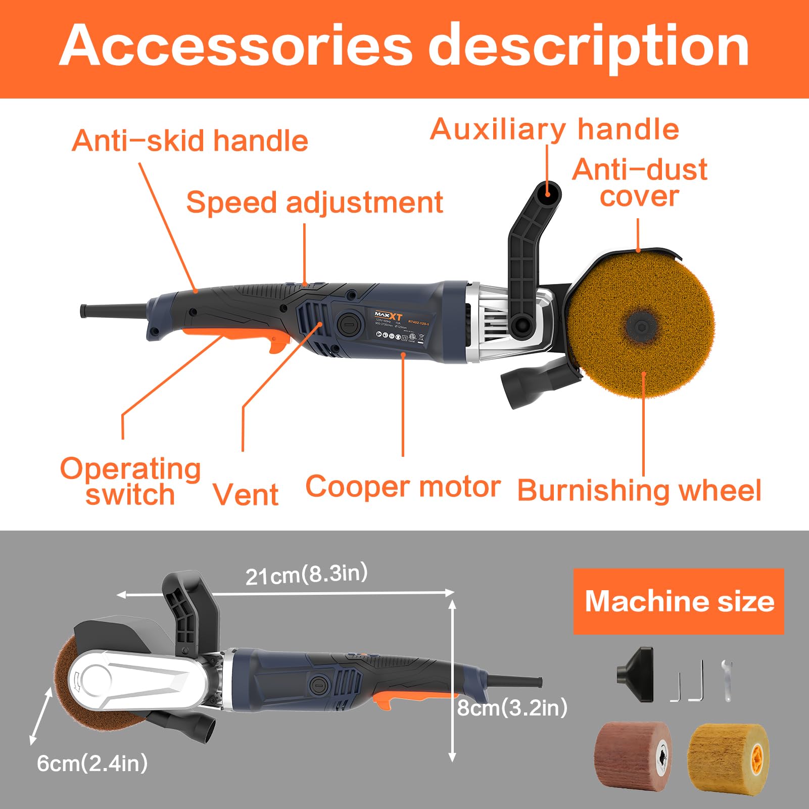 MAXXT 1300W Burnishing Polishing Machine - 6-Speed Variable 3200RPM Electric Drum Grinder with 3 Polishing Wheels - Handheld Stainless Steel Surface Polisher for Metal, Wood & Automotive Finishing