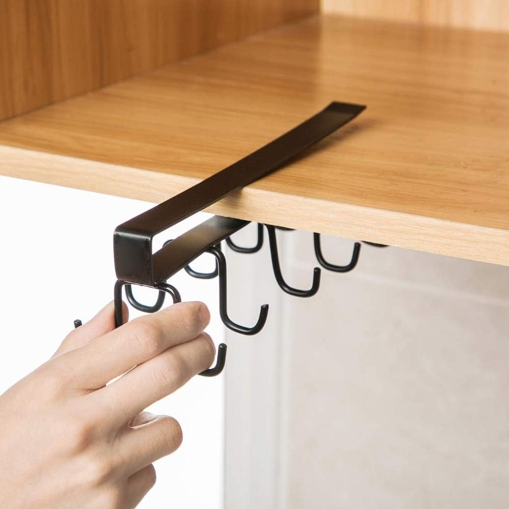 Stainless Steel Under Shelf Coffee Mug Holder Rack - 10 Hooks, Black | Space-Saving Kitchen Organizer for Cabinets & Countertops | Perfect for Mugs, Cups & Utensils in Home, Office or Restaurant