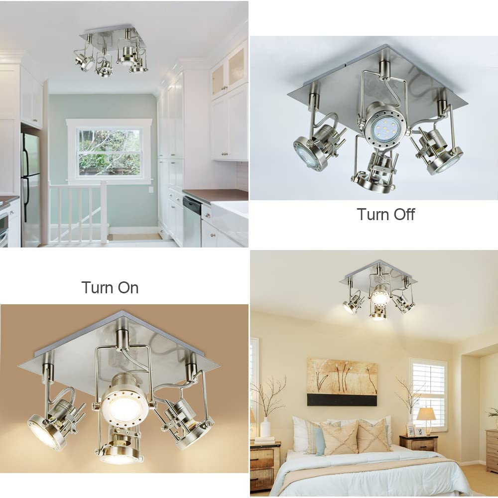 Depuley Modern 4-Way LED Ceiling Light Fixture - Square Panel Design with Adjustable Spotlights, 3000K Warm White Lighting, Brushed Nickel Finish - Perfect for Kitchen, Living Room, Bedroom & Office (Includes 4 GU10 Bulbs) | Energy-Efficient Ambient & Task Lighting for Home & Commercial Spaces