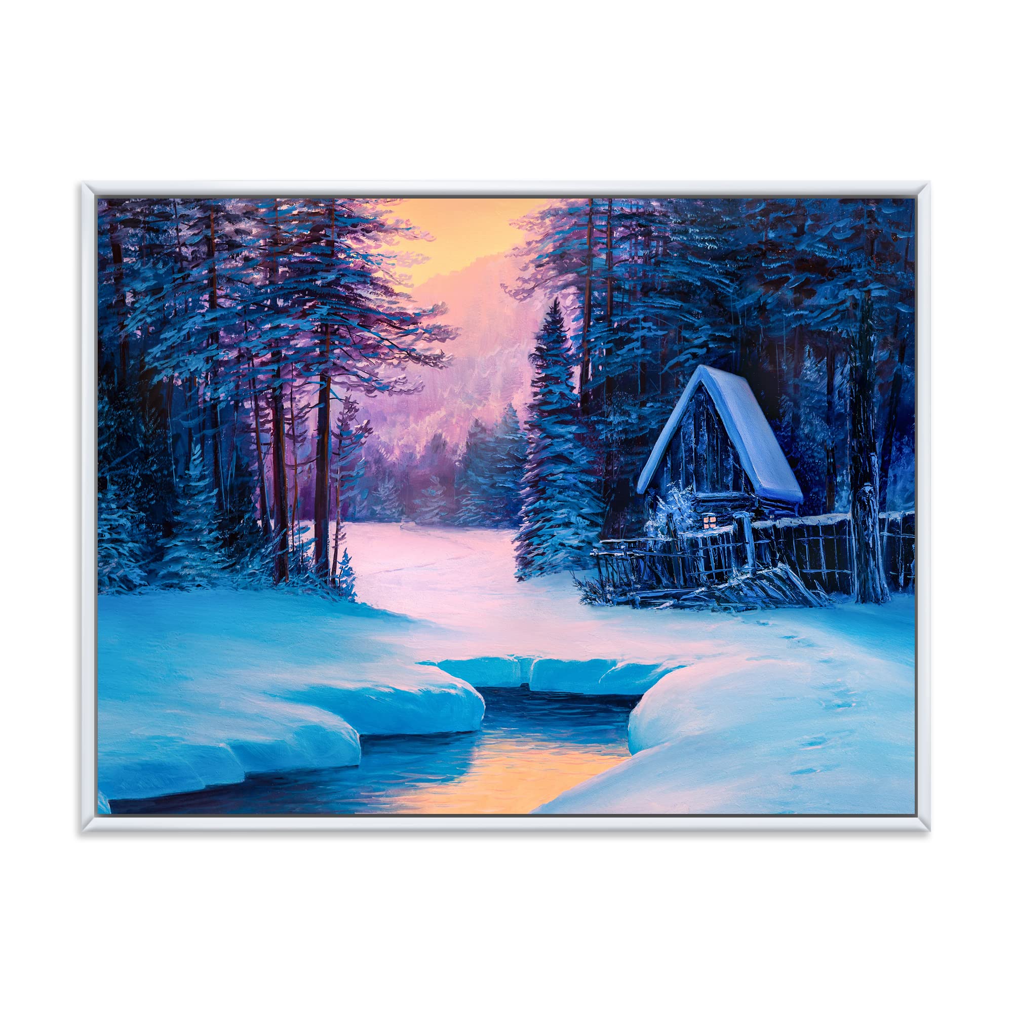 Winter Landscape & The River House In The Woods II - Lake House Framed Canvas Wall Art Print for Living Room, Bedroom & Office Decor - Nature Inspired Home Decoration