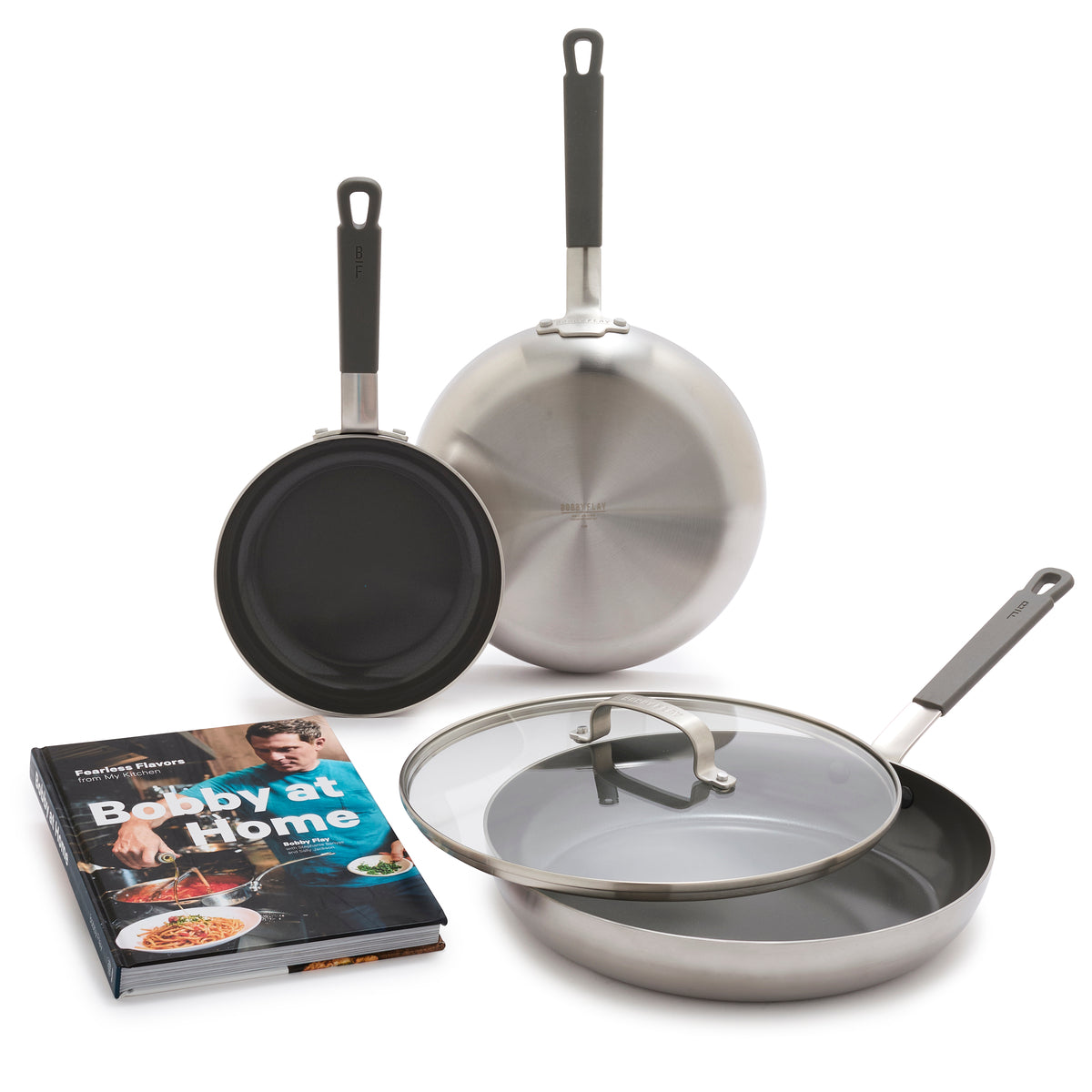 Bobby Flay by GreenPan 4-Piece Stainless Steel Cookware Set with Nonstick Frying Pans & Bobby at Home Cookbook - Perfect for Home Chefs, Professional Kitchens & Gourmet Cooking