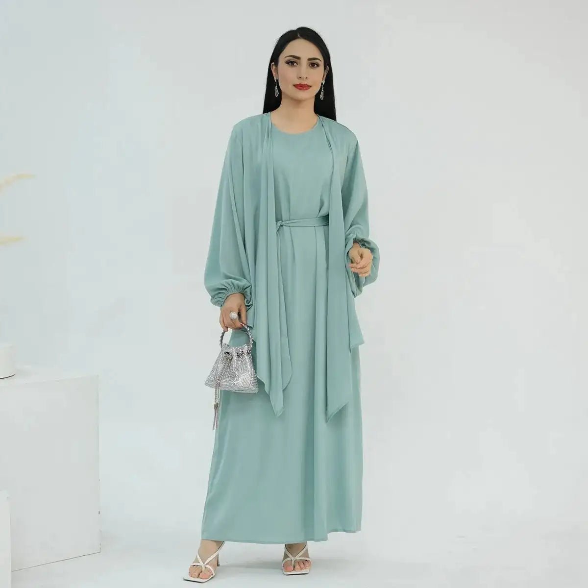 2-Piece Sleeveless Abaya Dress Set with Outer Tops - Modest Muslim Women's Prayer Dress for Home & Mosque Wear