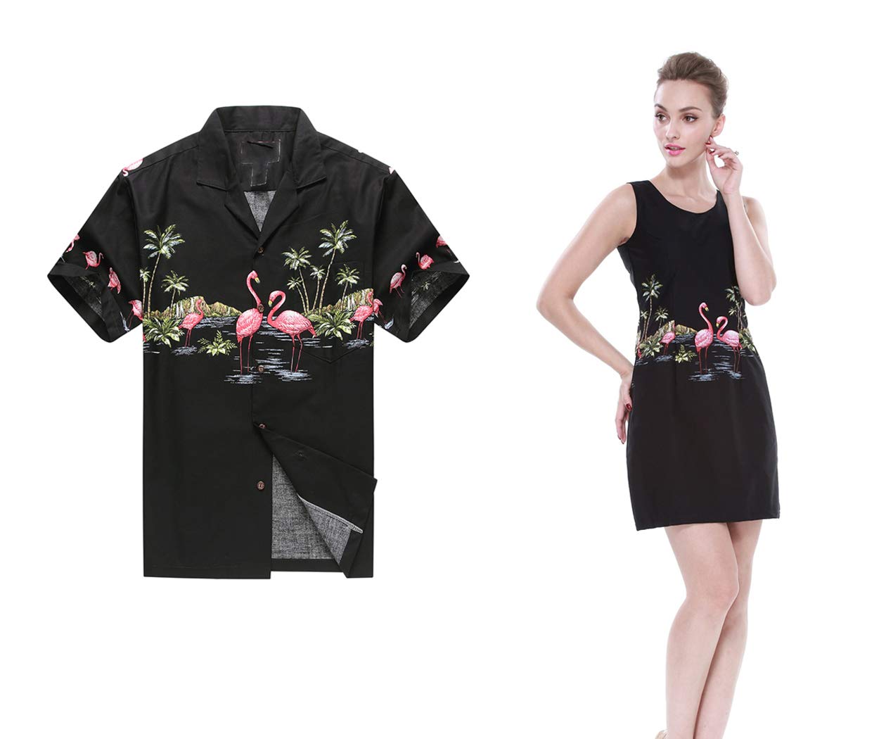 Hawaii Made Couple Matching Luau Aloha Shirt & Tank Dress - Pink Flamingo Print on Black - Perfect for Beach Vacations, Summer Parties & Hawaiian Theme Events