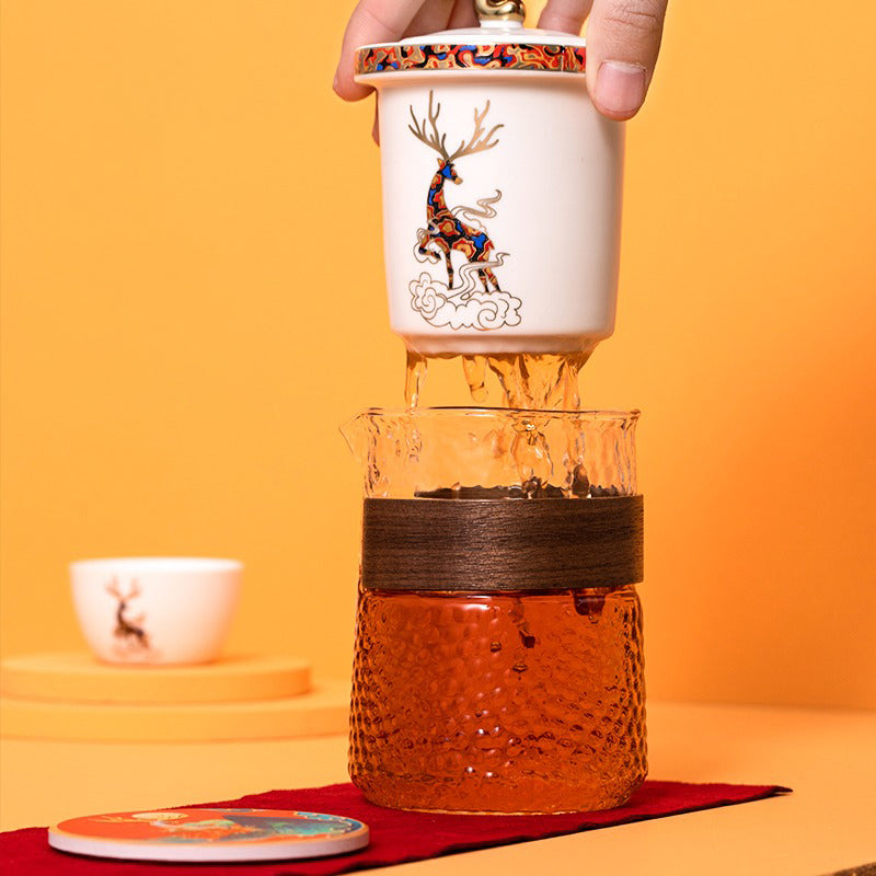 Elegant Glass and Porcelain Deer Travel Tea Set - Portable Tea Cup with Lid for Camping, Picnics & Gifts - Perfect for Outdoor Adventures and Tea Lovers