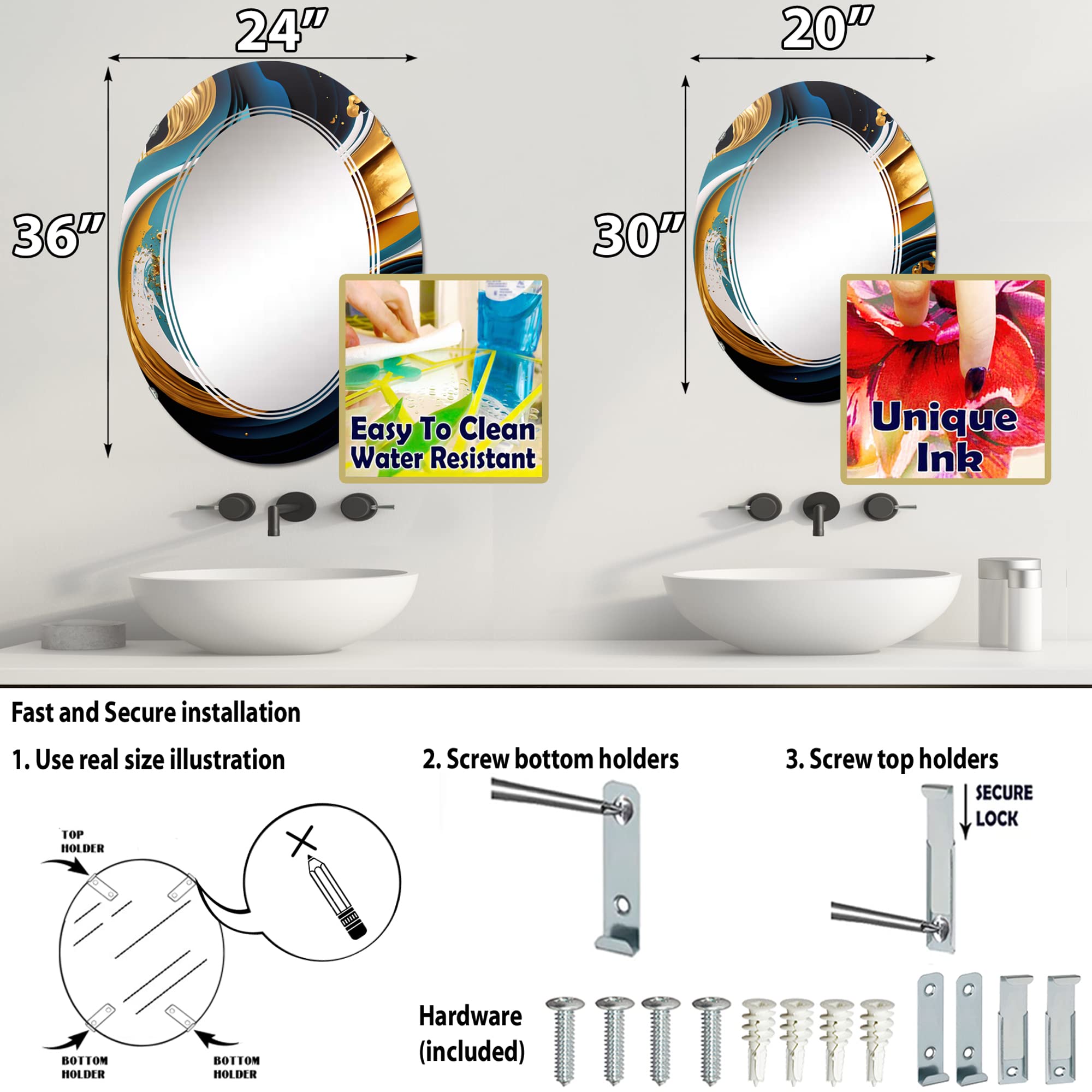 Blue and Gold Modern Abstract Art Vanity Mirror - Oval Bathroom & Wall Mirror for Living Room, Bedroom - Large 20x30 & 24x36 Inches - Perfect for Home Decor, Makeup Station & Accent Wall