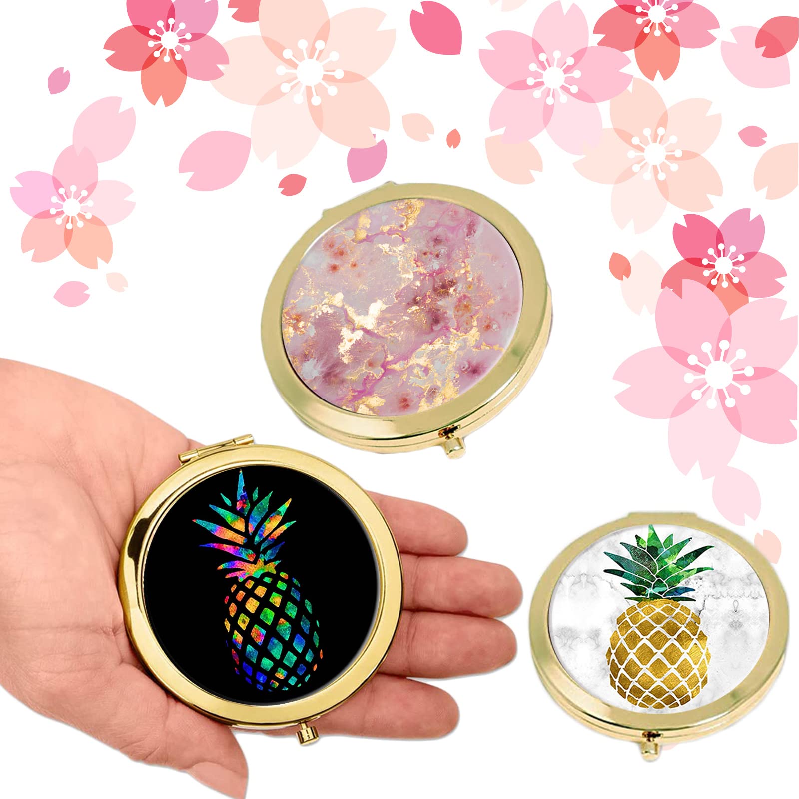 Compact Travel Makeup Mirror for Women - Round Portable Folding Double Sided Handheld Pocket Mirror, Mini Golden Black Pineapple Design - Perfect for Handbag, Purse, On-the-Go Touch Ups & Travel Essentials