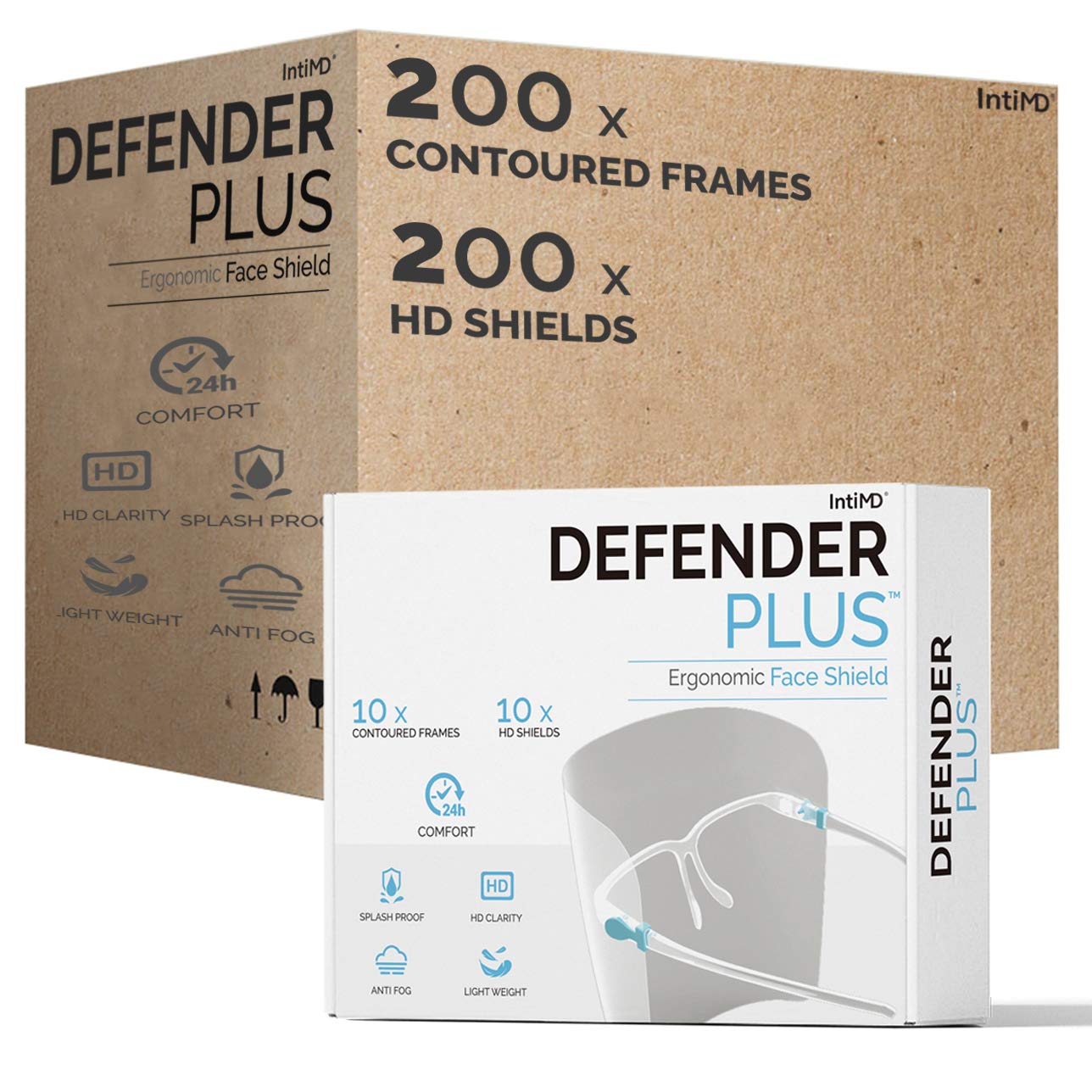 IntiMD Defender Plus Safety Full Face Shield Mask - 200 Frames & 200 Shields - Reusable Face Protection for Healthcare, Construction & Industrial Use - Anti-Fog Splash Proof Safety Gear for Workplaces & Public Spaces