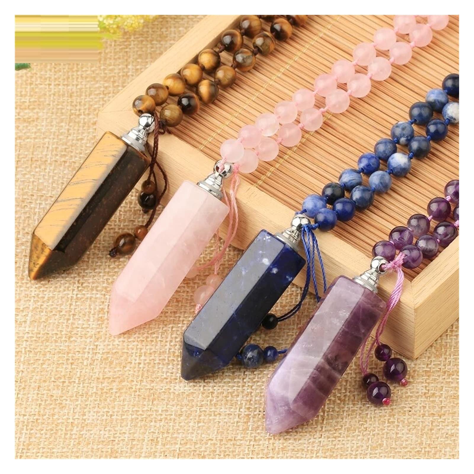 Natural Gemstone Hexagonal Perfume Bottle Pendant Necklace - Amethyst Purple Pink Crystal Essential Oil Diffuser Jewelry for Women | Perfect for Aromatherapy, Meditation & Spiritual Healing