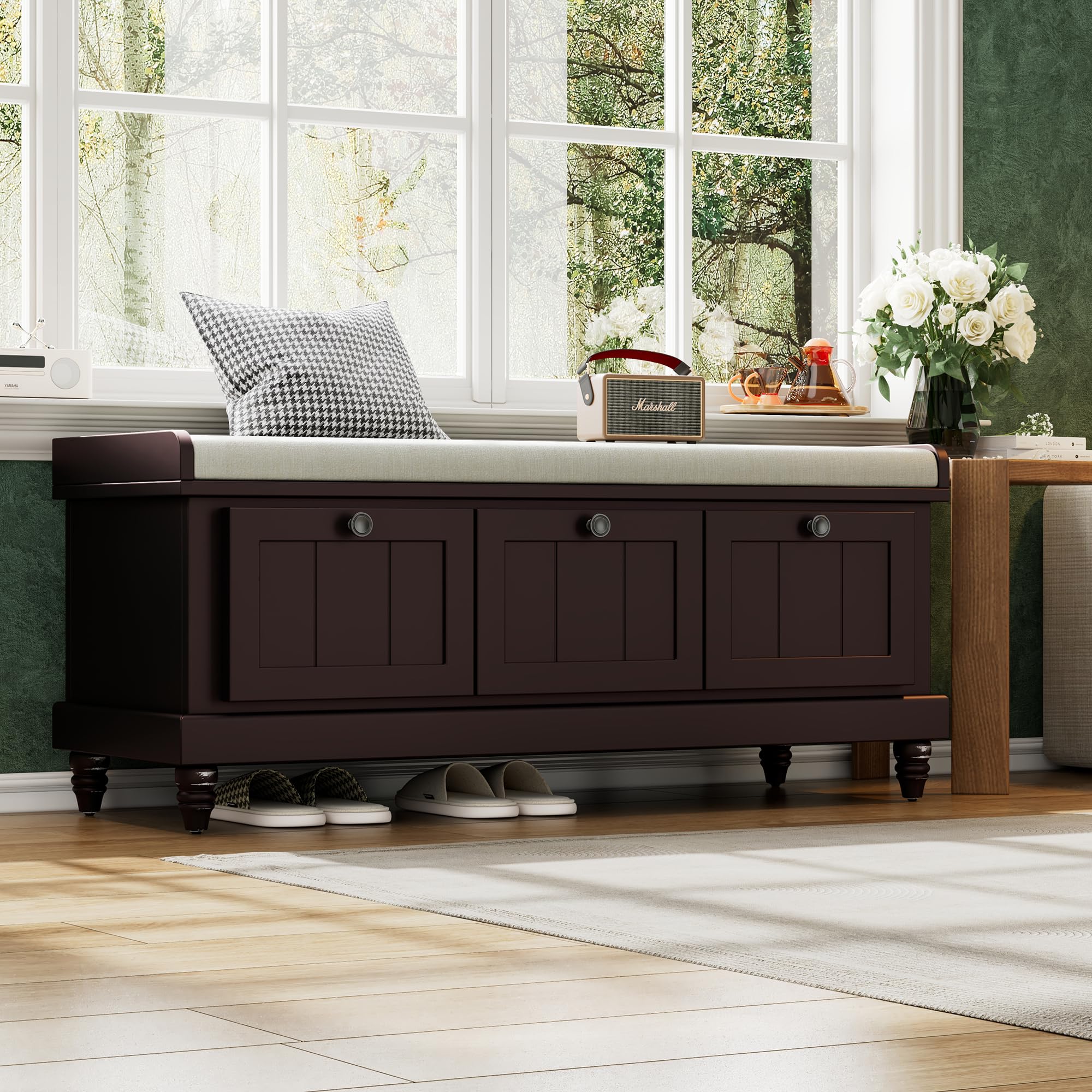 Farmhouse Storage Bench with 3 Drawers - Wooden Entryway Shoe Bench with Cushion for Living Room & Hallway Storage