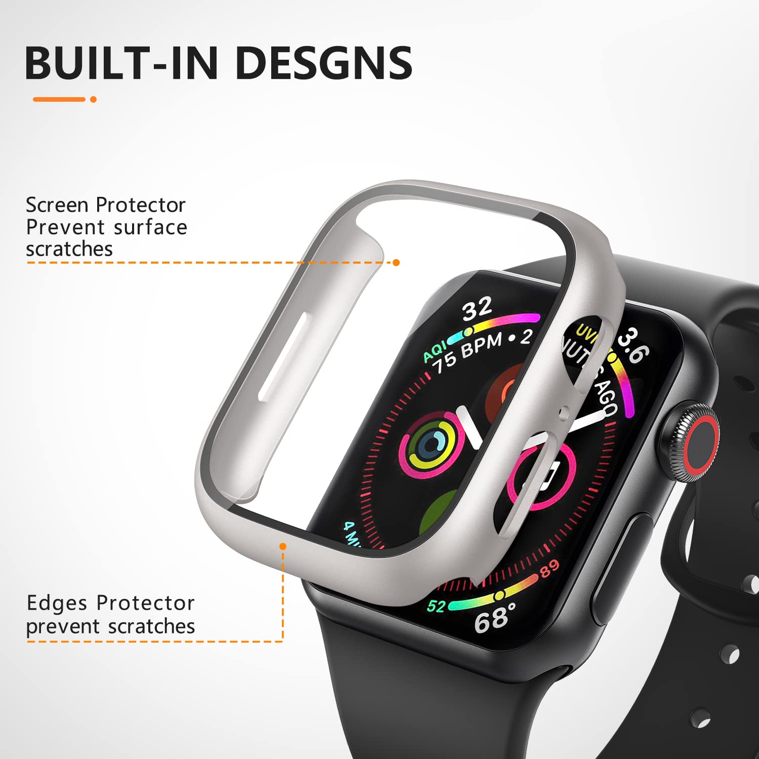 Vancle 3 Pack Apple Watch Case 44mm with Tempered Glass Screen Protector - Compatible with Series 6/SE/5/4 - Hard PC Full Protective Cover (Black/Starlight/Clear) - Perfect for Workouts, Outdoor Activities & Daily Wear