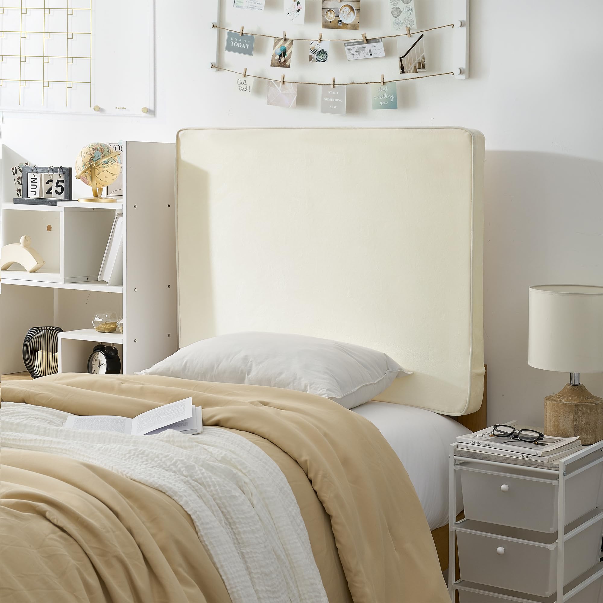 Rainha Cushioned Dorm Headboard - Soft Almond Milk Velvet Upholstered Bed Headboard for College Dorm, Bedroom & Apartment Decor