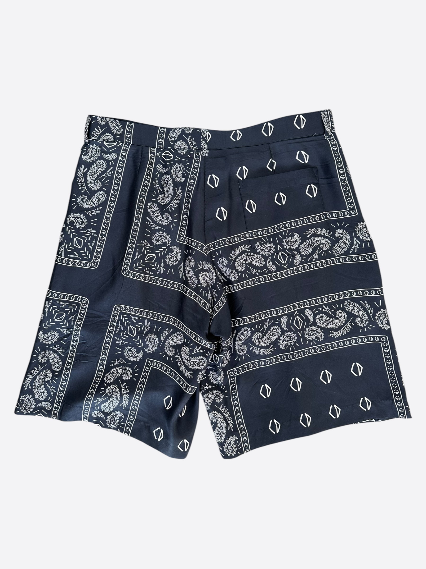 Dior Cactus Jack Navy & White Diamond Bandana Print Silk Shorts for Men - Luxury Designer Swimwear & Beachwear for Summer Vacation & Pool Parties