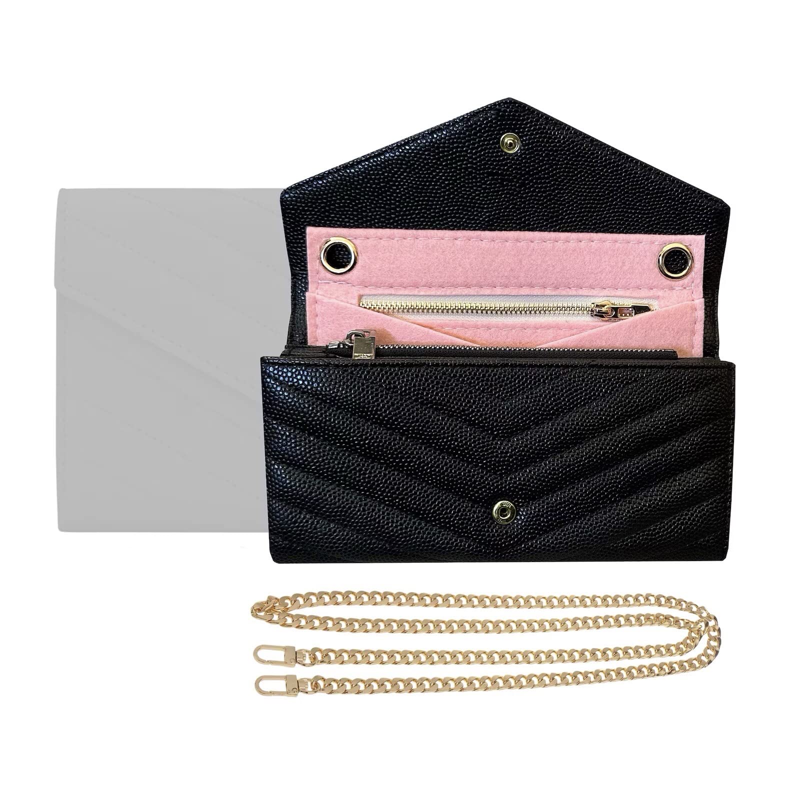 Cassandre Large Flap Wallet with 120cm Silver Chain - Convertible Card Holder & Crossbody Bag Insert - Black Matelasse Leather WOC (Perfect for Travel, Shopping & Everyday Use)