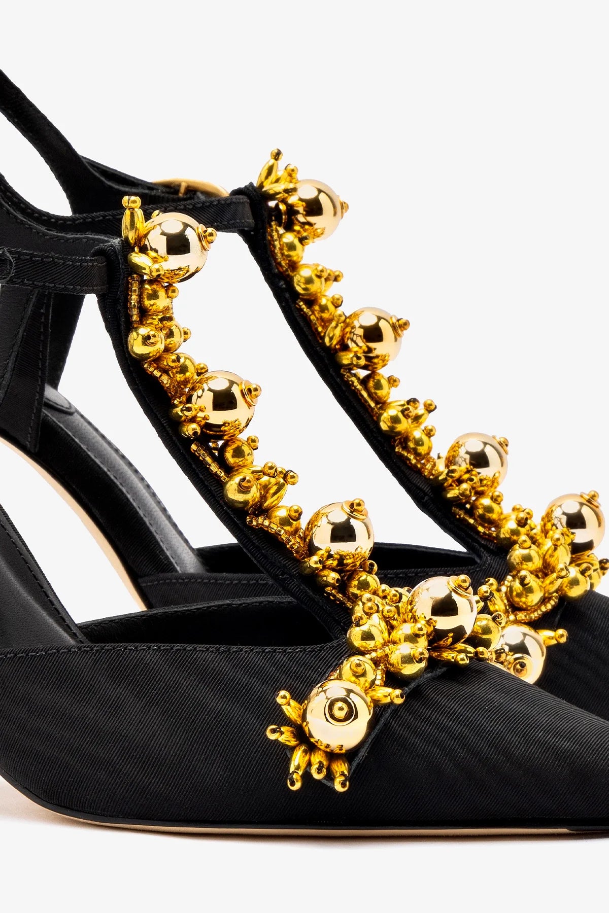 Larroudé x Libertine Black Fabric Pump with Golden Balls - Elegant Women's Heels for Parties, Weddings & Evening Events