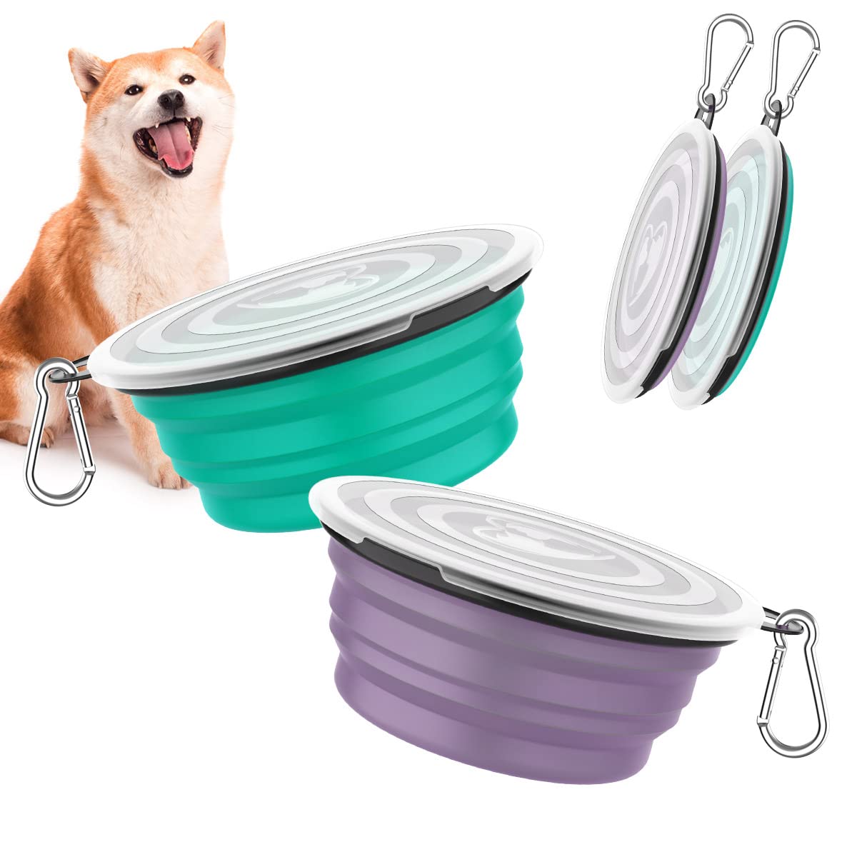 Pawaboo 2-Pack Collapsible Dog Bowls - 1000ml Silicone Pet Food & Water Bowls with Lids & Carabiners for Dogs & Cats - Portable Travel Dog Bowl for Hiking, Camping, Walking, Home Use (Violet + Turquoise)