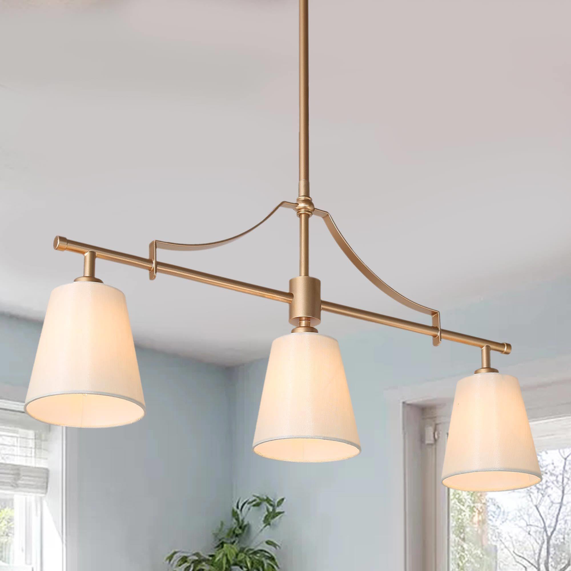 Modern 3-Light Gold Chandelier with Fabric Shades - Linear Island Lighting Fixture for Dining Room, Kitchen, Bedroom & Living Room | Elegant Home Decor & Ambient Lighting Solution