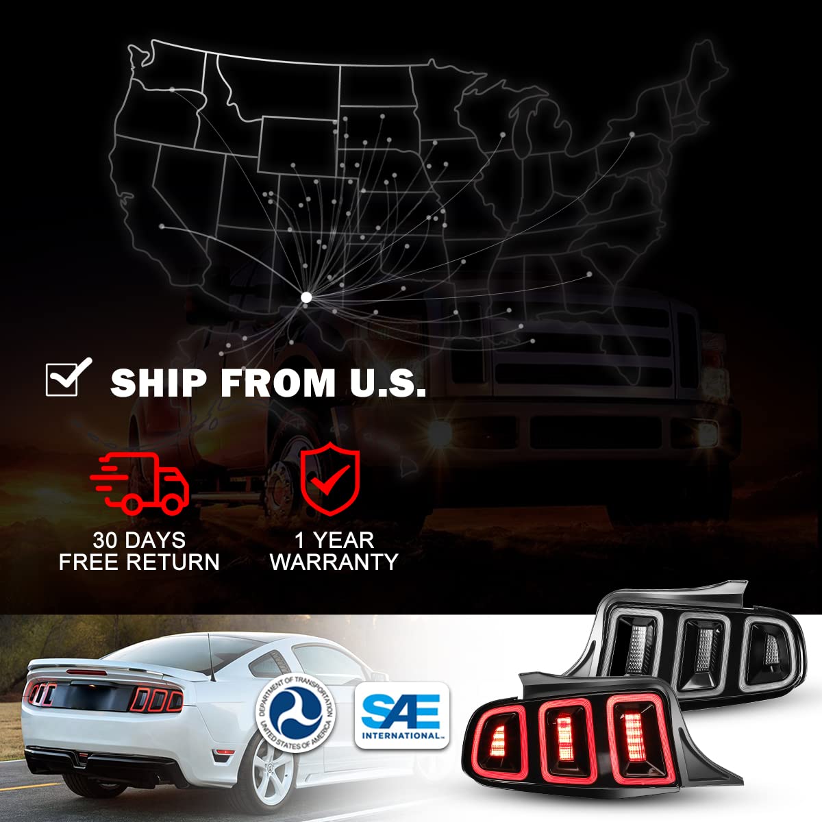 ROXX Full LED Tail Lights Assembly for 2010-2014 Ford Mustang - Red Sequential Turn Signals, DRL & Reverse Lights - Driver & Passenger Side Replacement - Perfect for Night Driving & Car Customization