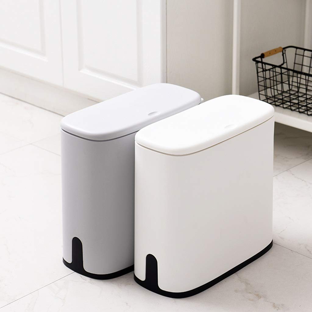 Nordic Style Oval Split Trash Can with Lid - 8L/2.6 Gallon Plastic Waste Basket for Bathroom, Kitchen, Bedroom & Office - Creative Spring Top Cover Design (White & Gray) | Perfect for Small Spaces & Home Organization