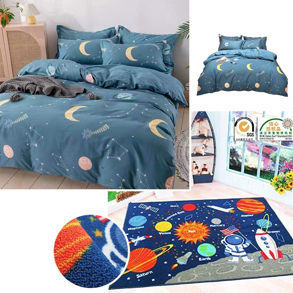FADFAY Outer Space Kids Rug - Boys Planets Theme Bedroom Decor | Star Print Duvet Cover Set with 2 Pillowcases | 100% Cotton Queen Size Navy Blue Bedding | Perfect for Kids Room, Nursery & Playroom Decor