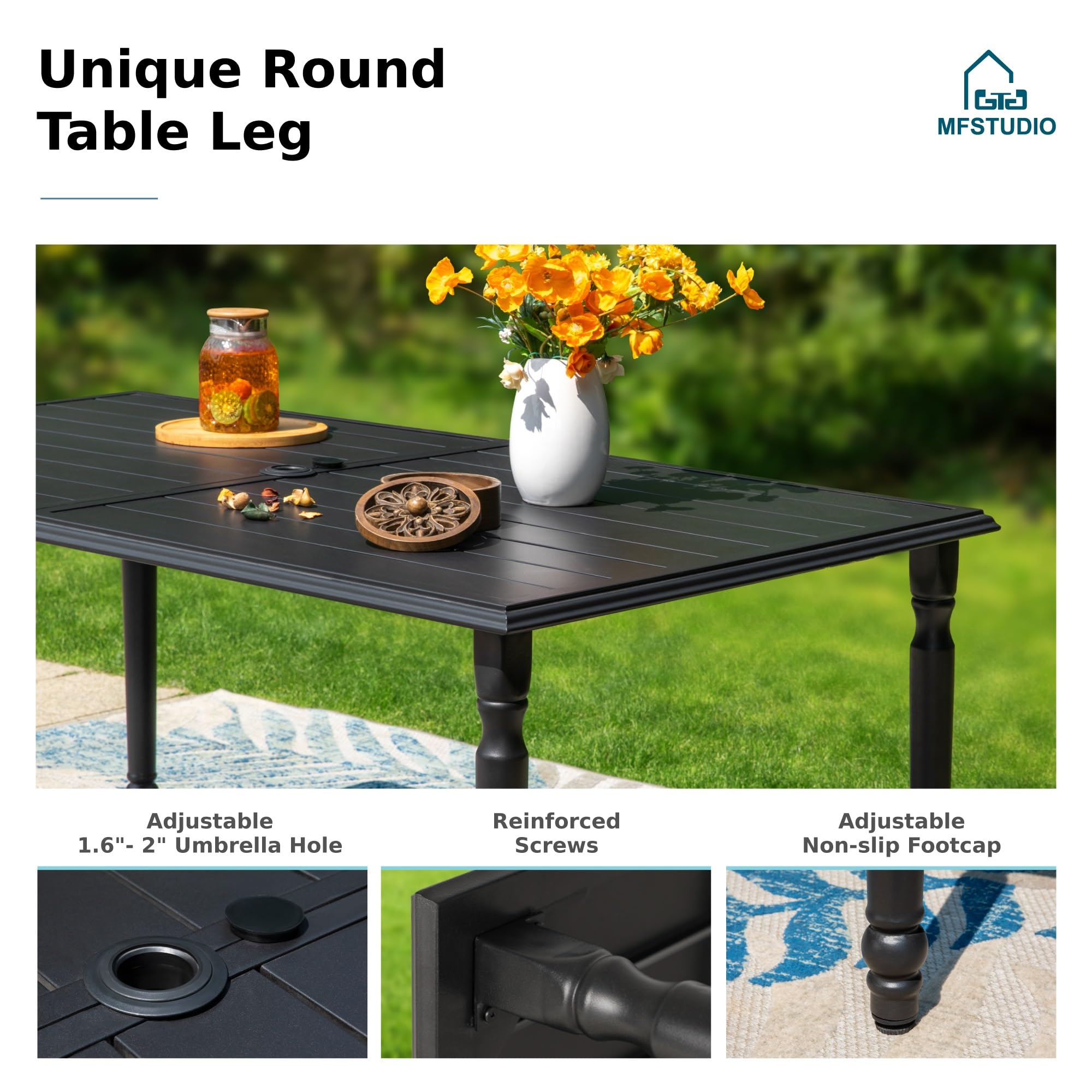 MFSTUDIO 60 Inch Large Black Metal Outdoor Dining Table - Rectangle Patio Table with 1.77
