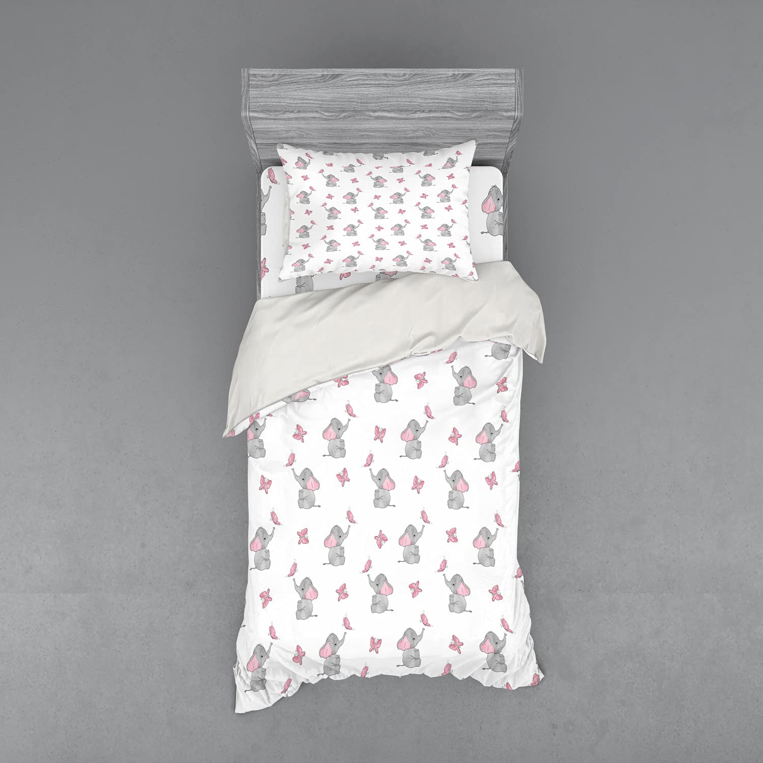 Ambesonne Animal Cartoon Bedding Set - Playing Butterflies Design 3-Piece Duvet Cover with Pillow Sham & Fitted Sheet, Twin Size in Pale Pink White Grey - Perfect for Kids' Rooms & Nursery Decor