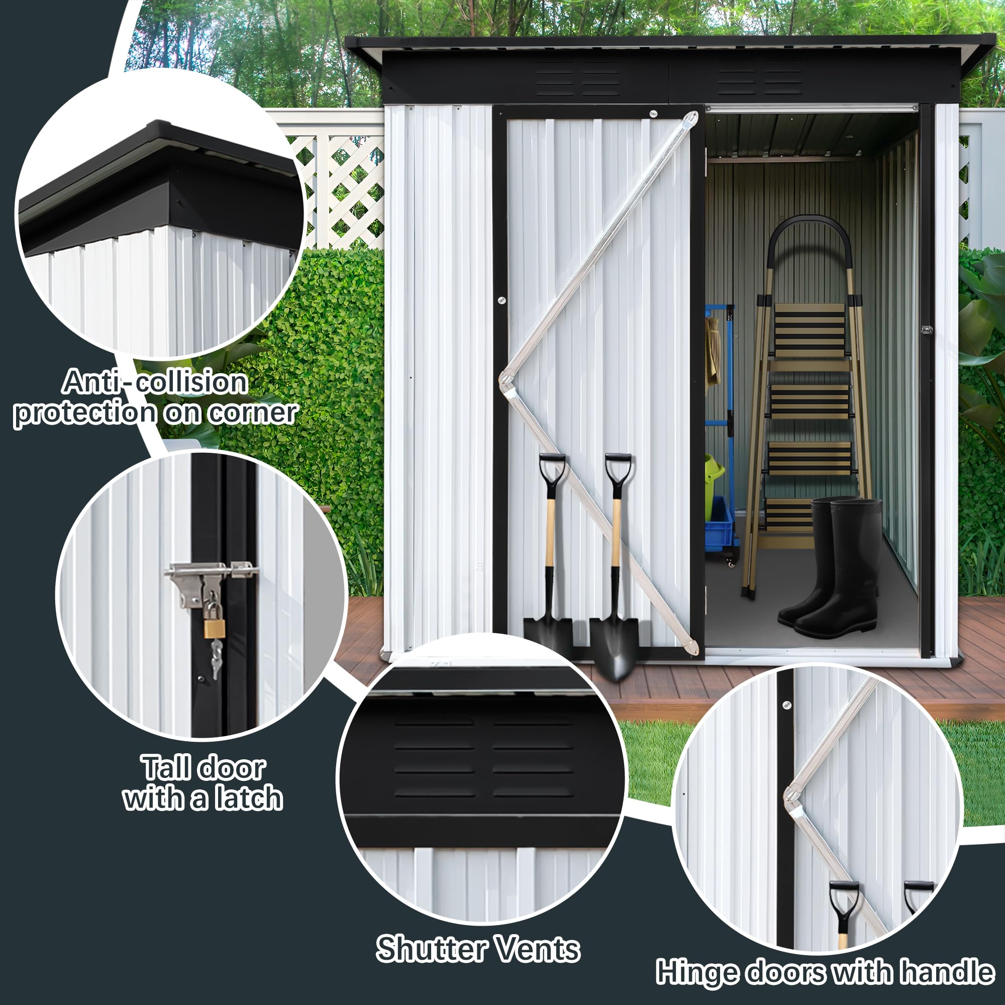 5 x 3 FT Outdoor Metal Storage Shed with Lockable Double Doors - Waterproof Galvanized Steel Garden Shed for Backyard, Patio, Lawn & Outdoor Use - Perfect for Storing Tools, Equipment & Seasonal Items (White)