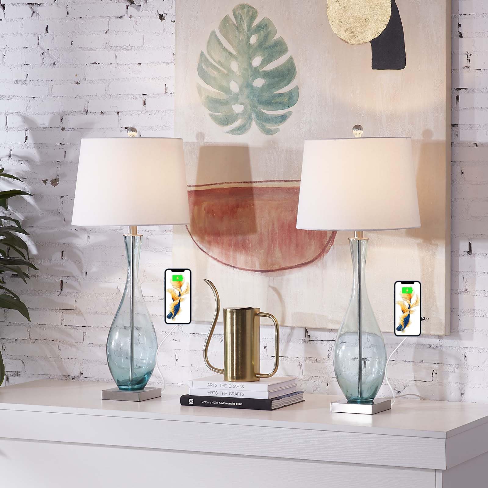 Maxax Traditional Table Lamps Set of 2 with 2A USB Ports, Glass Bedside Lamps with White Fabric Drum Shade - 31 Inches Tall Nightstand Lamps for Living Room, Bedroom, Office (Blue) - Perfect for Reading, Relaxing & Decorating