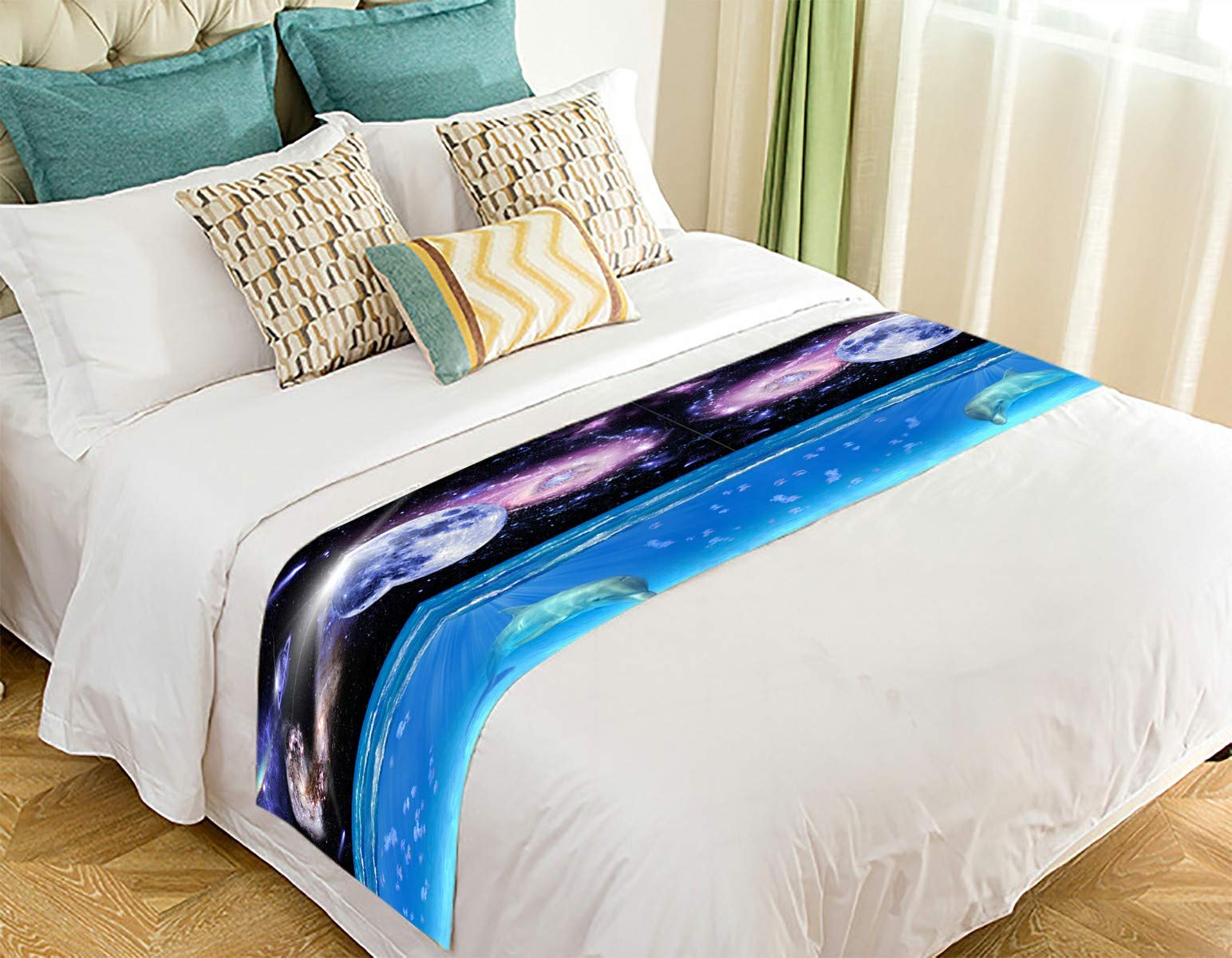 ECZJNT Sleeping Dolphin Galaxy Bed Runner - 20x95 Inch Decorative Bed Scarf for Queen & King Size Beds - Perfect for Bedroom Decor, Guest Room Styling & Cozy Home Makeovers