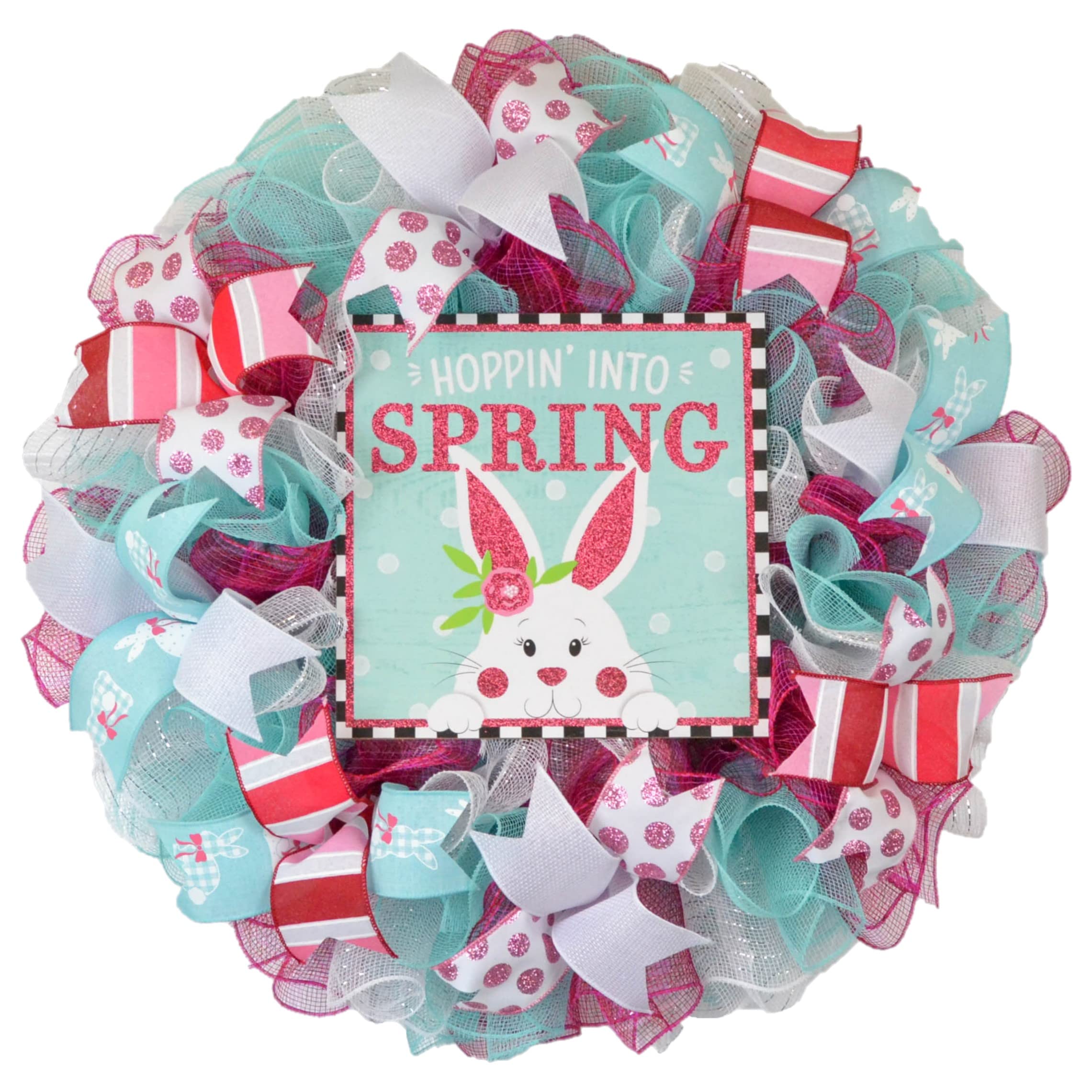 Pink and Turquoise Bunny Wreath - Spring Summer Door Decor - Easter Home Decoration - Floral Rabbit Wreath for Front Door, Wall, and Party Decorations