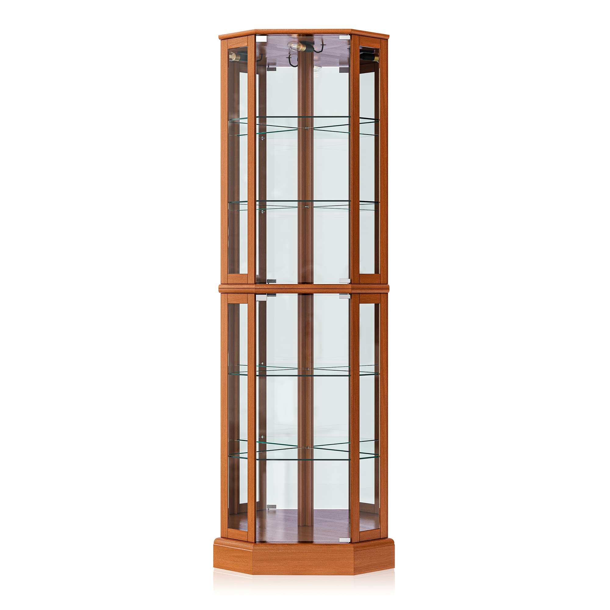 BELLEZE Corner Curio Cabinet with LED Lights - Tempered Glass China Hutch & Bar Storage, Wooden Accent Display Case for Living Room - Ashfield Oak Finish | Perfect for Showcasing Collectibles, China & Liquor Bottles