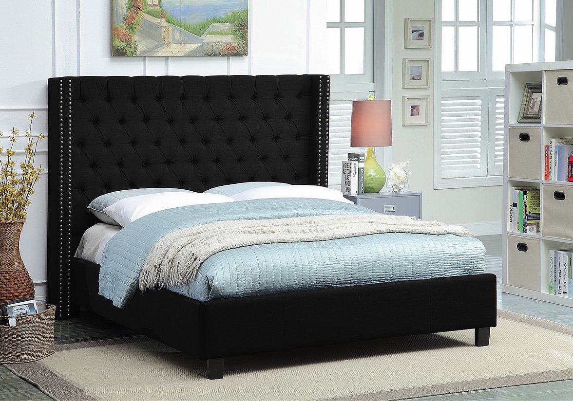 Luxury Black Wing Bed Frame with Deep Button Tufted Upholstery & Nailhead Trim - Elegant Master Bedroom Furniture for Modern Home Decor