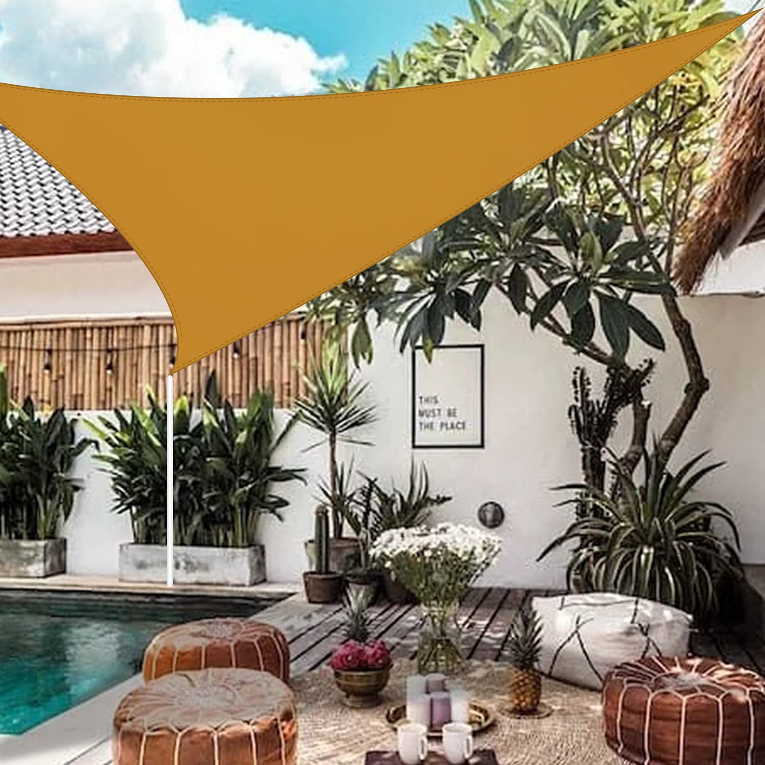 20'x20'x20' Golden Yellow Triangle Shade Sail - UV Block, Waterproof Sun Canopy for Backyard, Patio, Garden & Pool - Custom Outdoor Shade Solution for Summer Relaxation & Sun Protection