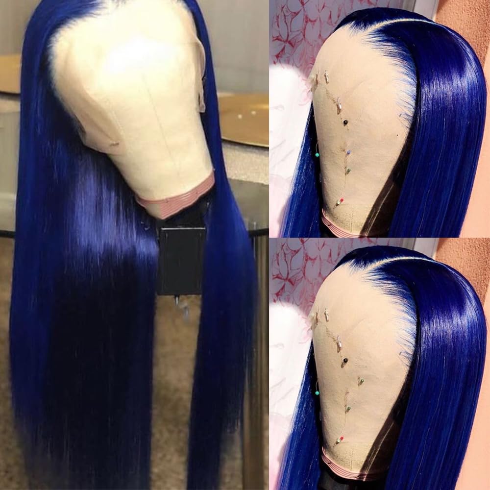QD-Tizer Blue Lace Front Wigs for Women - 24 Inch Long Straight Navy Blue Synthetic Hair with Heat Resistant Fibers | Perfect for Cosplay, Fashion Shows & Daily Wear