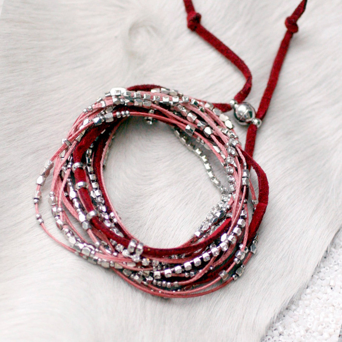 Glistening Strands Double Duty Wrap Bracelet & Necklace - Adjustable Magnetic Clasp in Maroon | Elegant Jewelry for Women, Perfect for Parties, Weddings & Everyday Wear