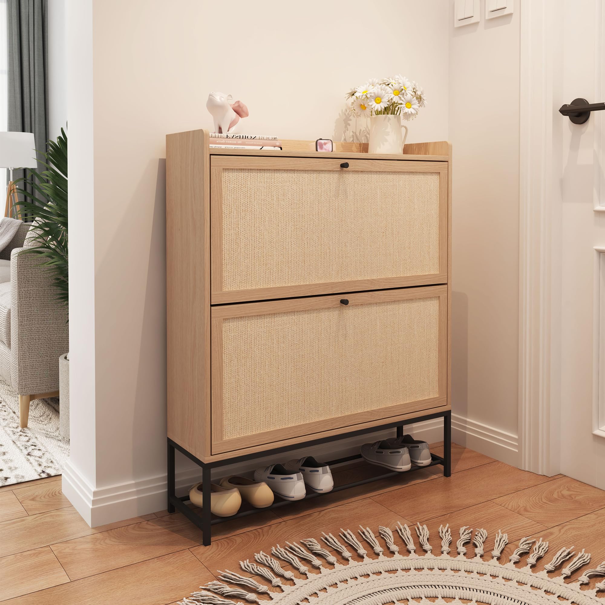 AVZEAR Freestanding Shoe Cabinet with 2 Flip Drawers - Modern Narrow Shoe Organizer for Hallway, Entryway & Closet (Natural) - Space Saving Storage Solution for Small Apartments & Tight Spaces