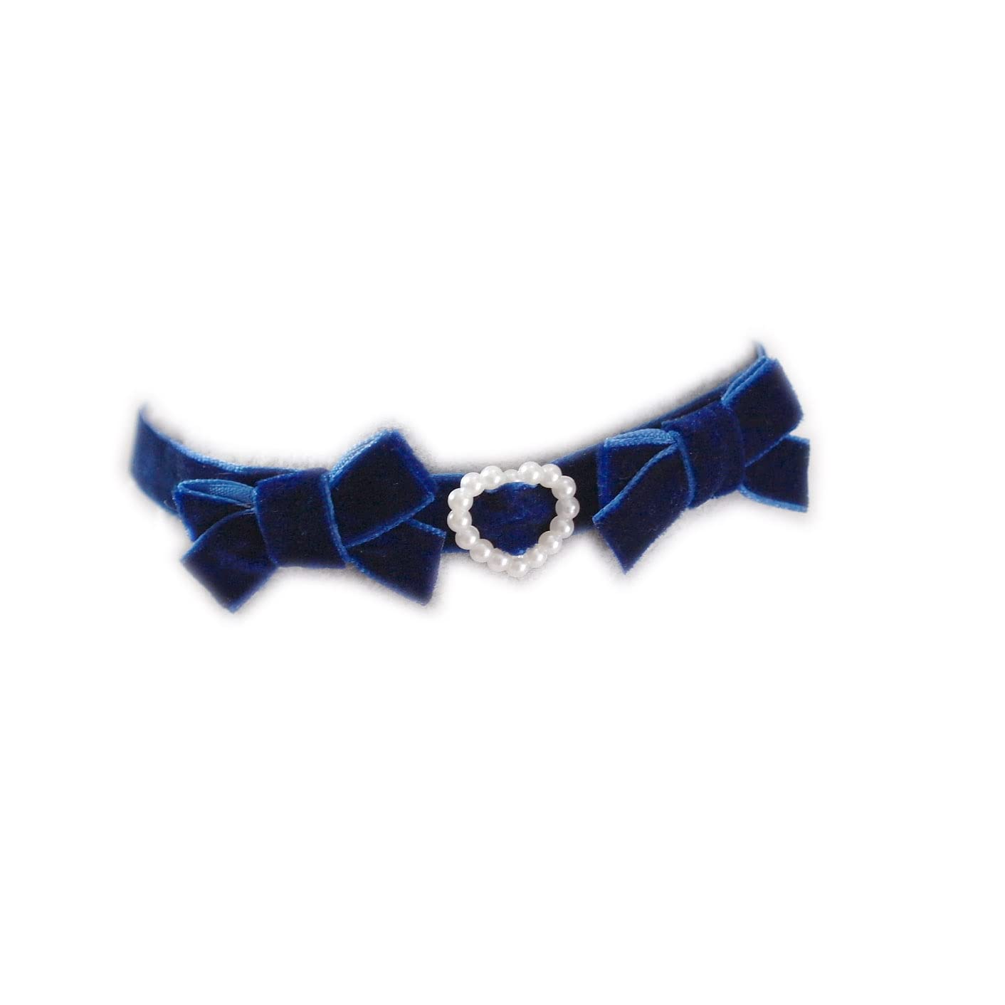 Elegant Navy Blue Velvet Choker Necklace with Faux Pearl Heart - Kawaii Little Bow Day Collar Jewelry for Women - Perfect for Valentine's Day, Date Night & Special Occasions (Blue, 30cm)