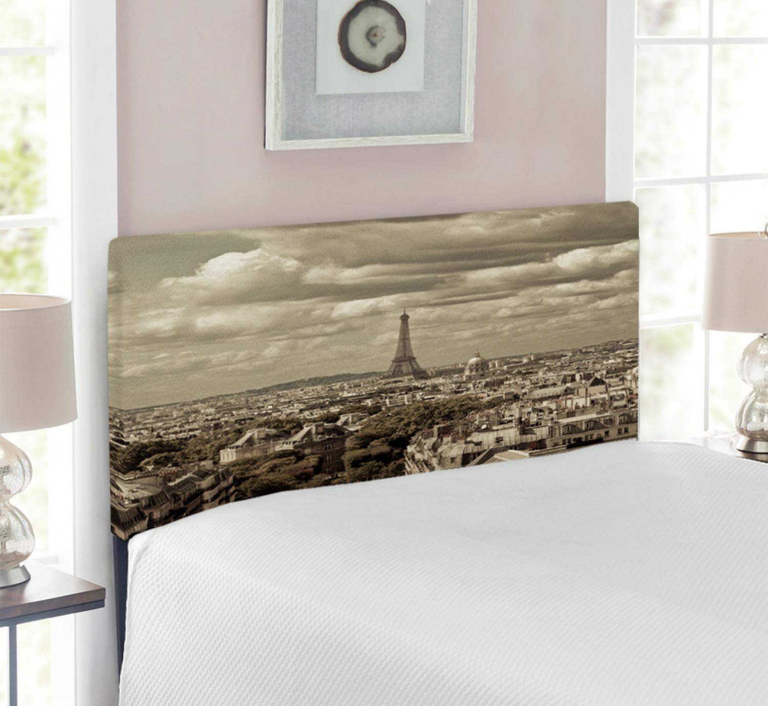 Ambesonne Paris Upholstered Headboard - Twin Size Beige Memory Foam Bed Headboard with Eiffel Tower & Cloudy Sky Design | French Historical Decor for Bedroom, Guest Room & Dorm