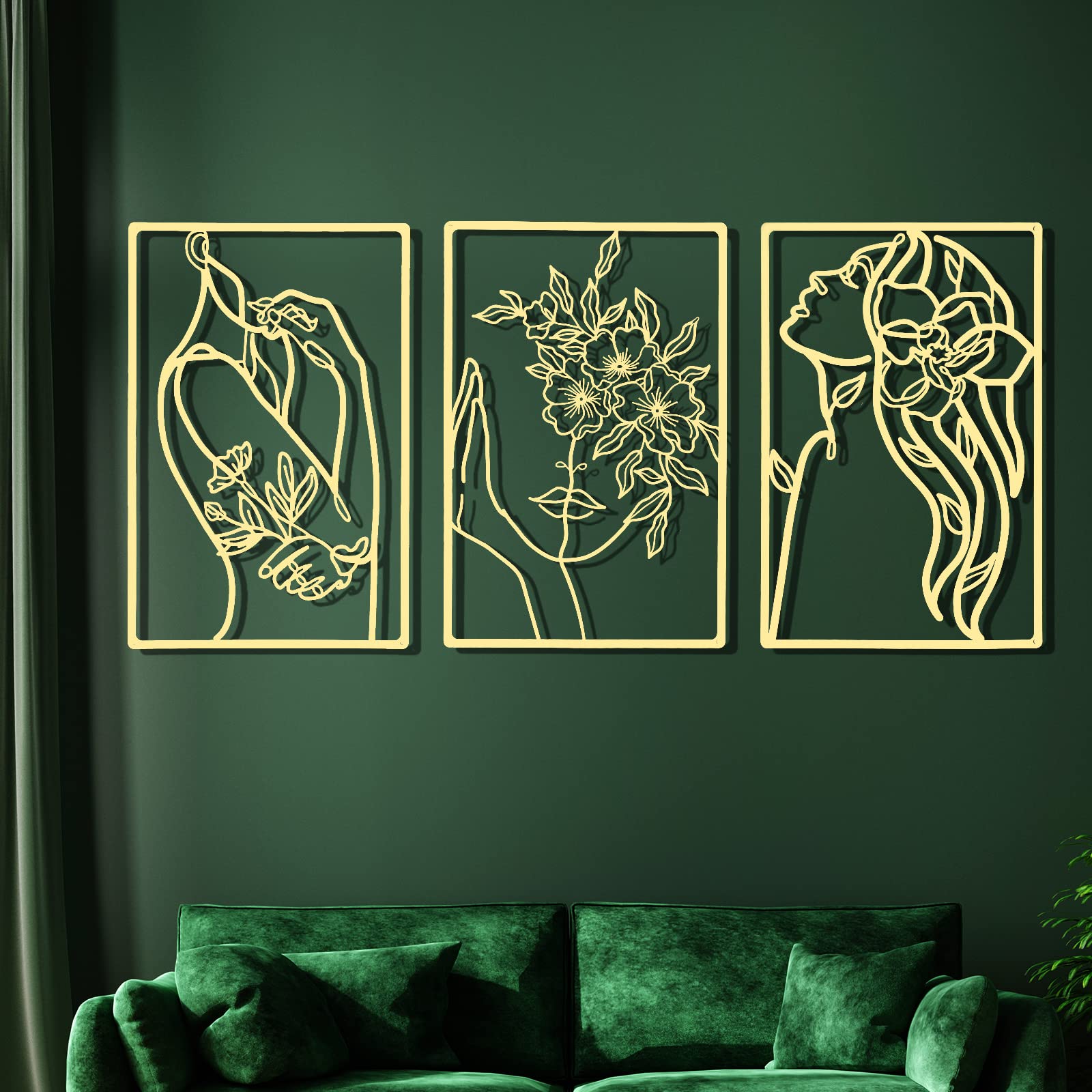 CHENGU 3-Piece Gold Wall Art Set - Minimalist Metal Line Wall Decor for Bedroom, Kitchen, Bathroom & Living Room - Elegant Flower Design for Modern Home Decor | Perfect for Housewarming Gifts & Interior Design Projects