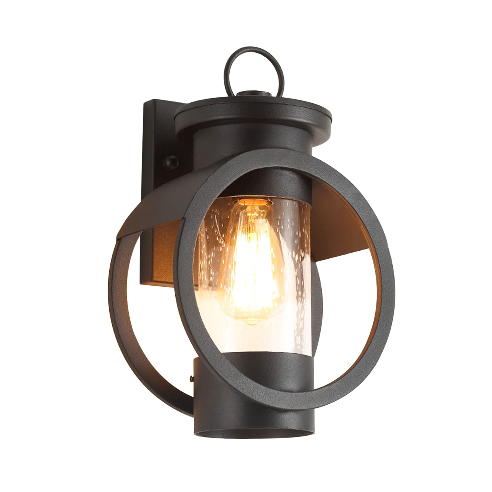 Modern Industrial Outdoor Wall Lantern - Waterproof Exterior Wall Mounted Light Fixture with Seeded Glass - Matte Black Finish for Porch, Patio, Garden & Entryway Lighting