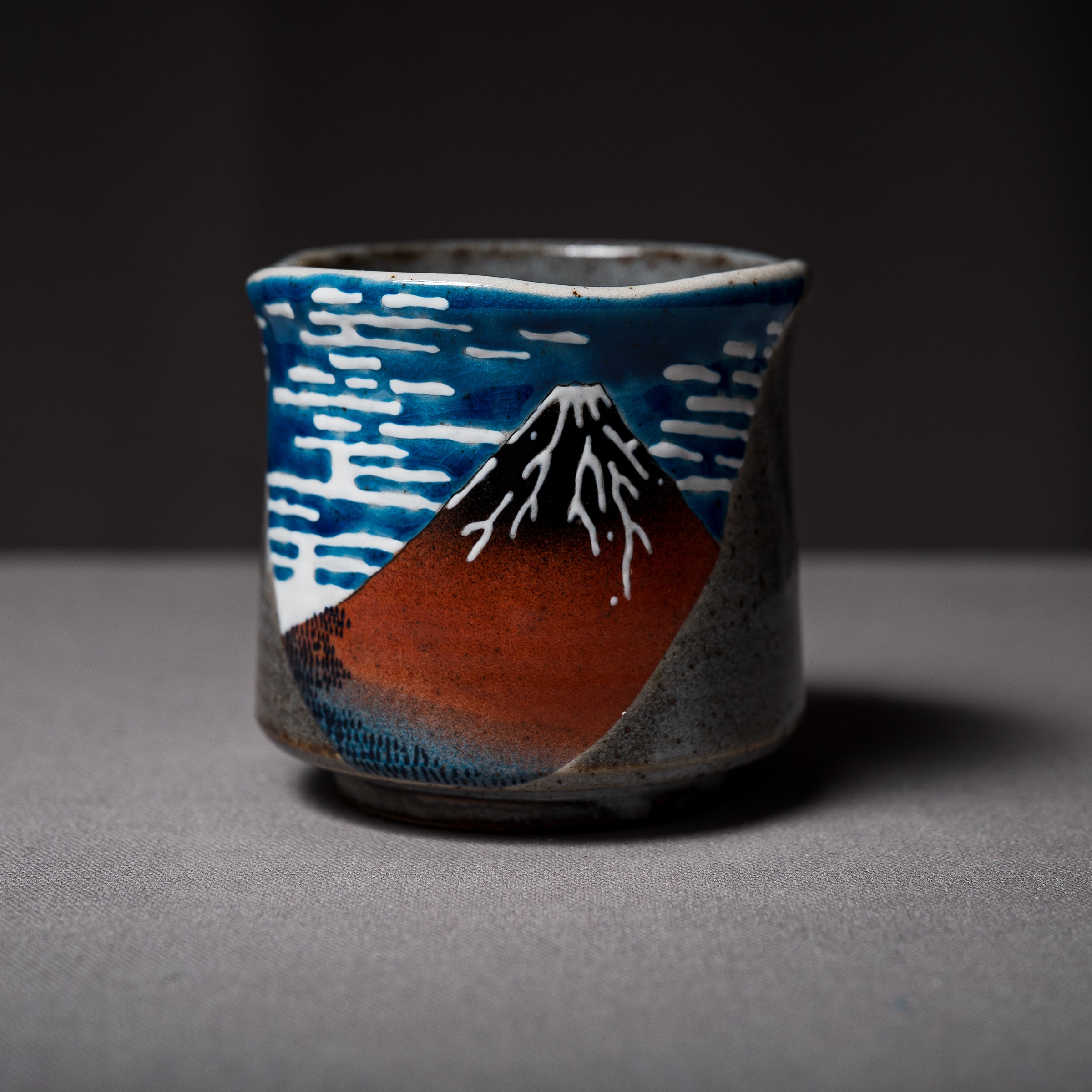 Kutani Ware Hokusai Red Fuji Yunomi Japanese Tea Cup - Handcrafted Ceramic Matcha Cup for Traditional Tea Ceremony | Perfect for Green Tea, Matcha, and Hot Beverages
