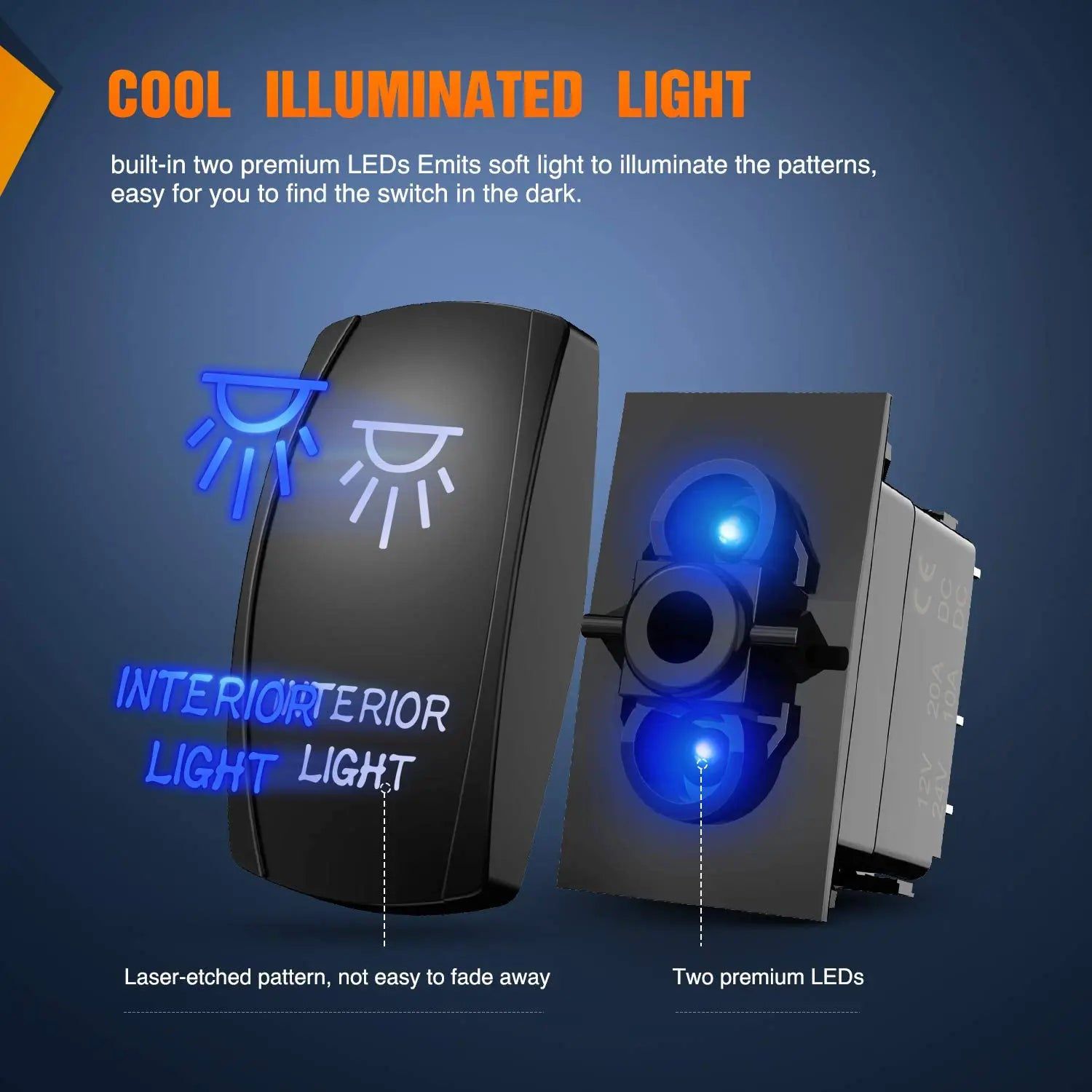 5Pin Laser On/Off Rocker Switch with Blue LED Interior Light - Perfect for Car, Boat, RV & Home DIY Lighting Projects