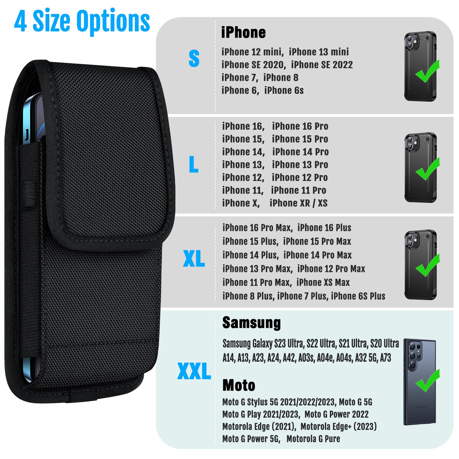 YKOOE Nylon Belt Holster Phone Pouch - Compatible with iPhone 16/15/14/13/12/11 Pro Max & Samsung Galaxy S20/S21/S22/S23/S24 - Durable Waist Cell Phone Case for Hiking, Running, Construction & Outdoor Activities (Black)
